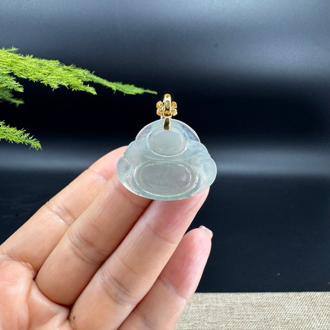 18K Yellow Gold Burmese Icy Green Jadeite Jade Happy Buddha Pendant