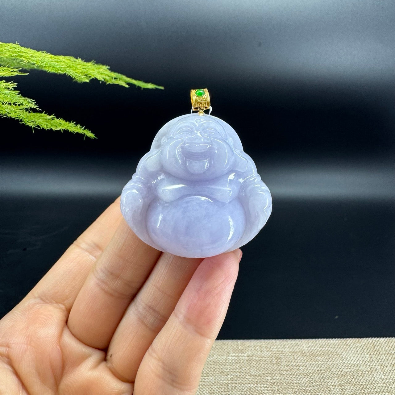 18K Yellow Gold Burmese Lavender Jadeite Jade Happy Buddha Pendant