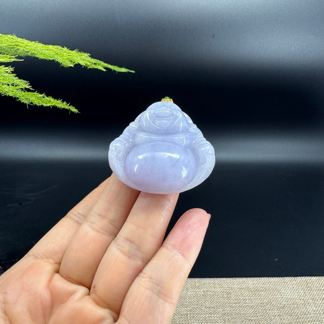 18K Yellow Gold Burmese Lavender Jadeite Jade Happy Buddha Pendant