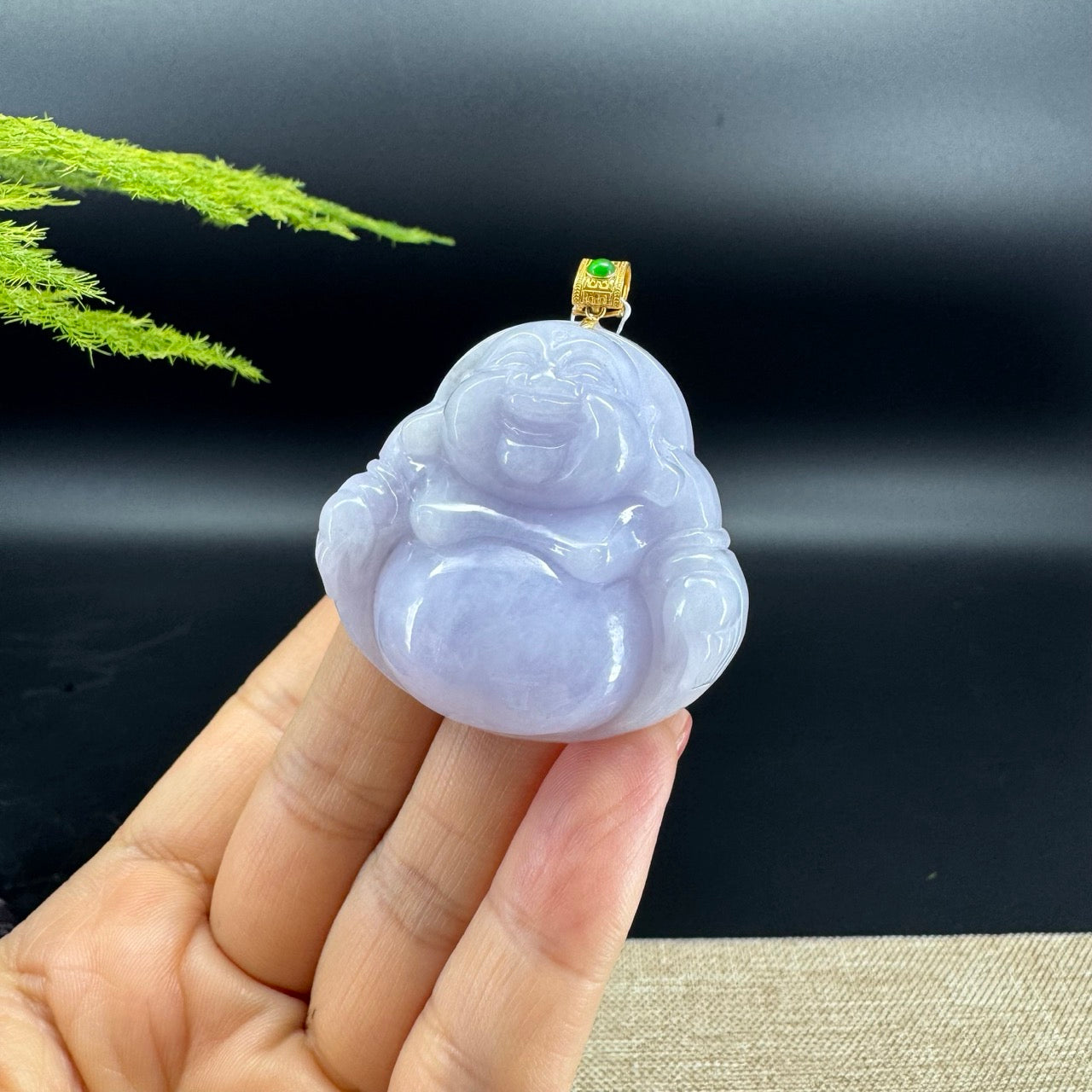 18K Yellow Gold Burmese Lavender Jadeite Jade Happy Buddha Pendant