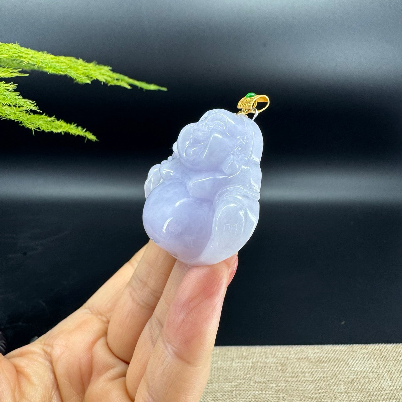 18K Yellow Gold Burmese Lavender Jadeite Jade Happy Buddha Pendant