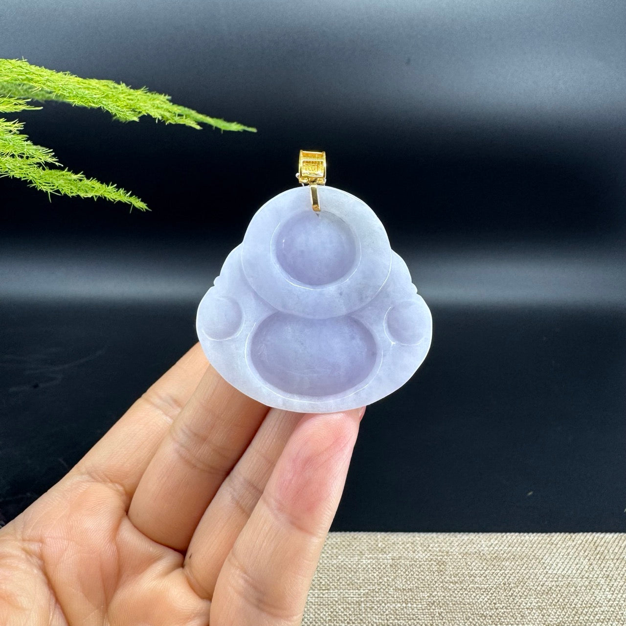 18K Yellow Gold Burmese Lavender Jadeite Jade Happy Buddha Pendant