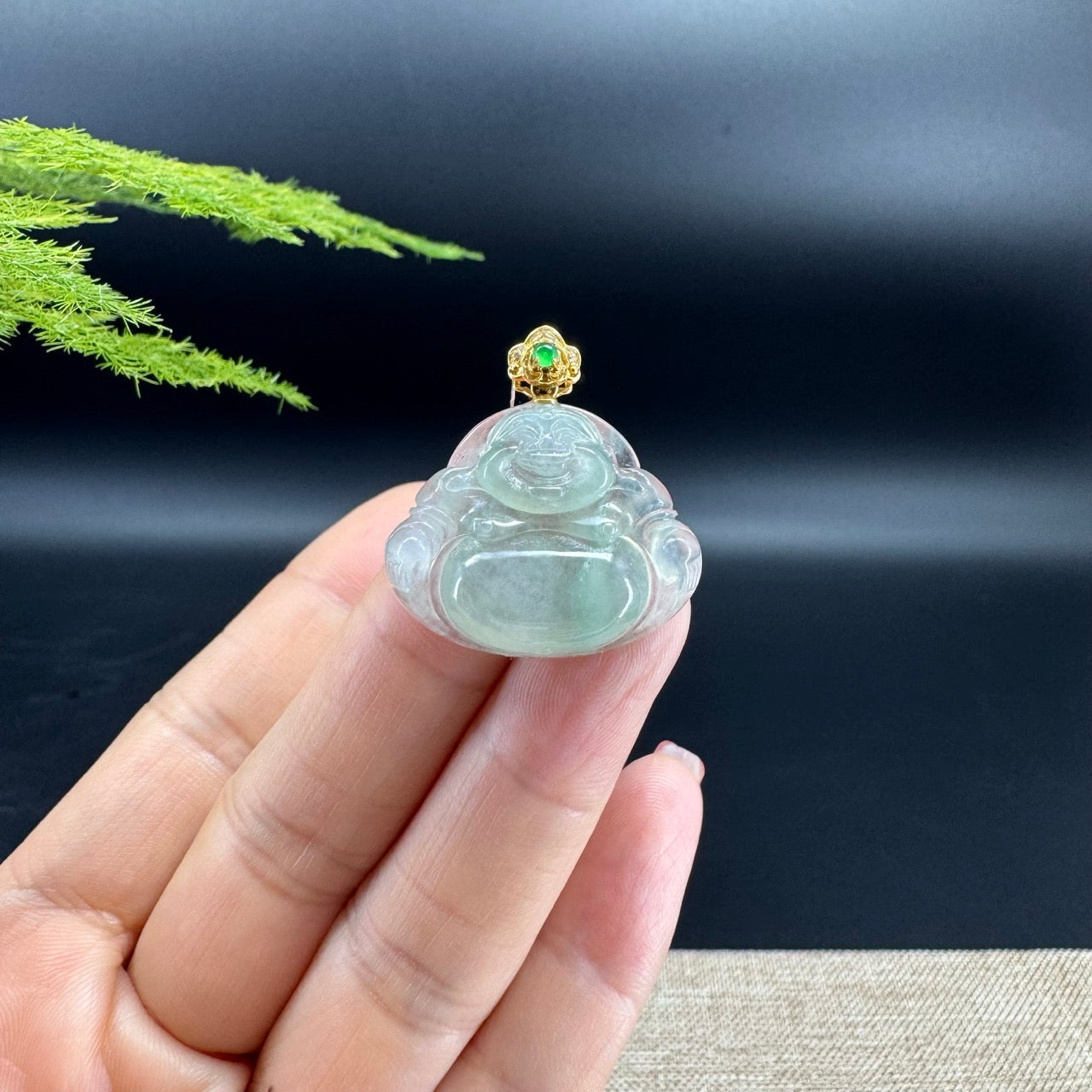 18K Yellow Gold Burmese Icy Green Jadeite Jade Happy Buddha Pendant