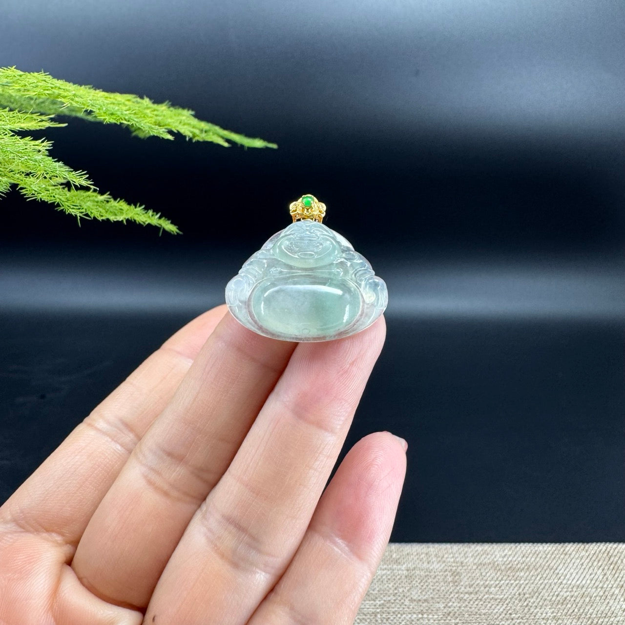 18K Yellow Gold Burmese Icy Green Jadeite Jade Happy Buddha Pendant