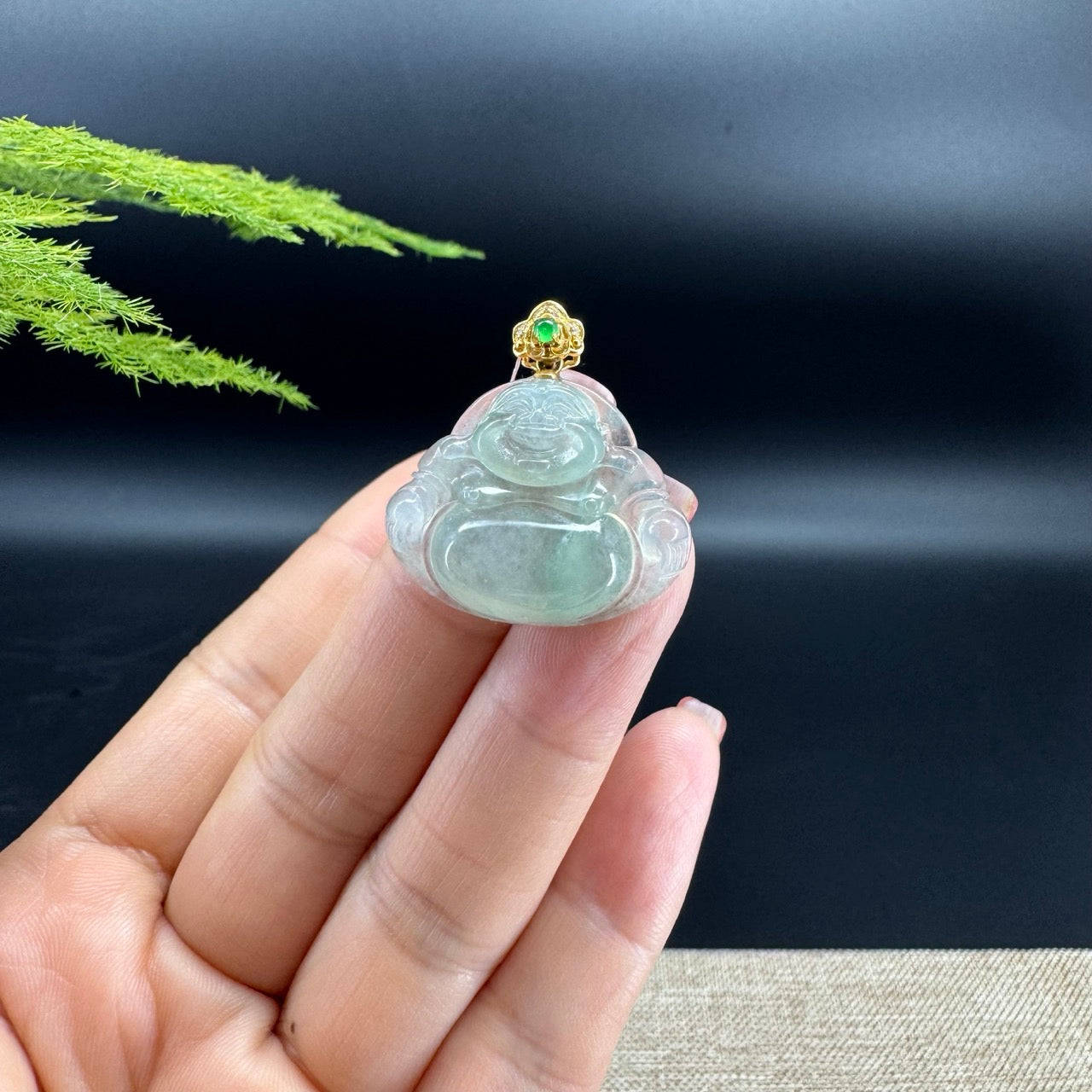 18K Yellow Gold Burmese Icy Green Jadeite Jade Happy Buddha Pendant