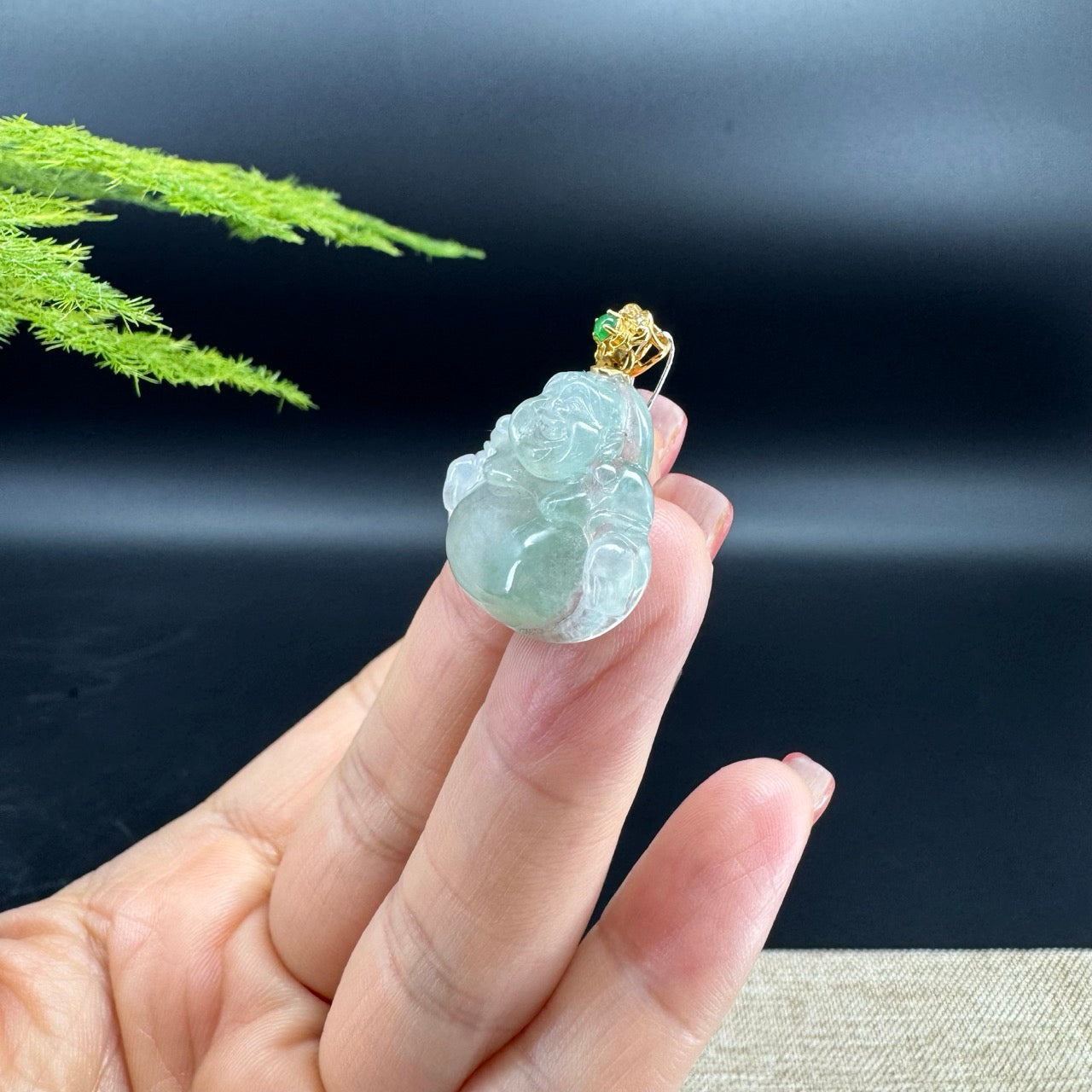 18K Yellow Gold Burmese Icy Green Jadeite Jade Happy Buddha Pendant