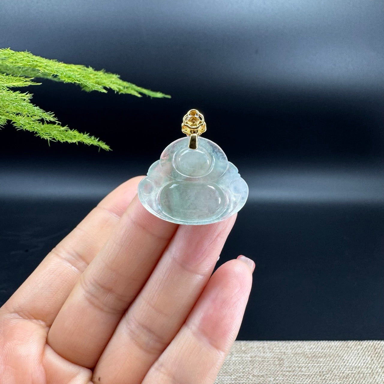 18K Yellow Gold Burmese Icy Green Jadeite Jade Happy Buddha Pendant