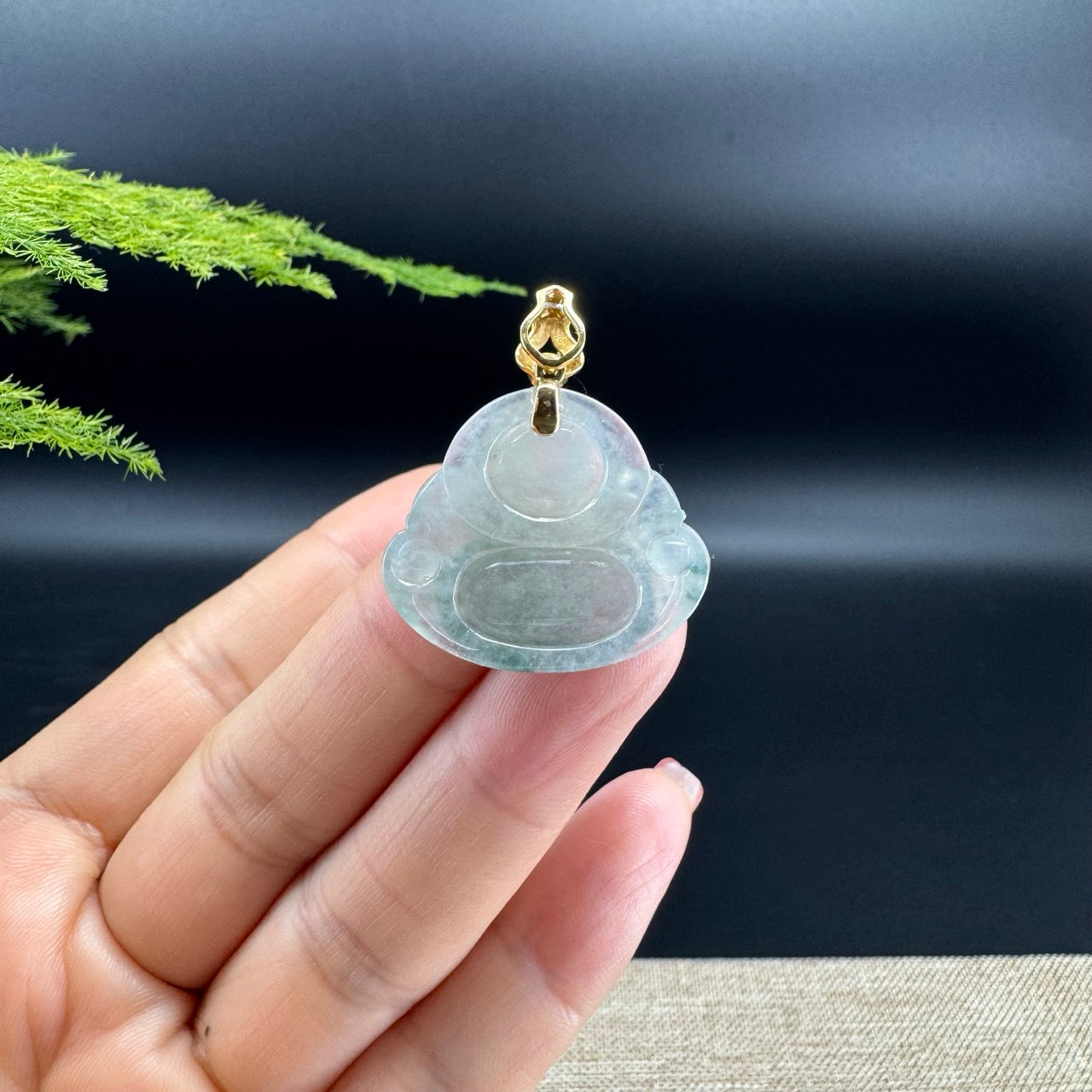 18K Yellow Gold Burmese Icy Green Jadeite Jade Happy Buddha Pendant