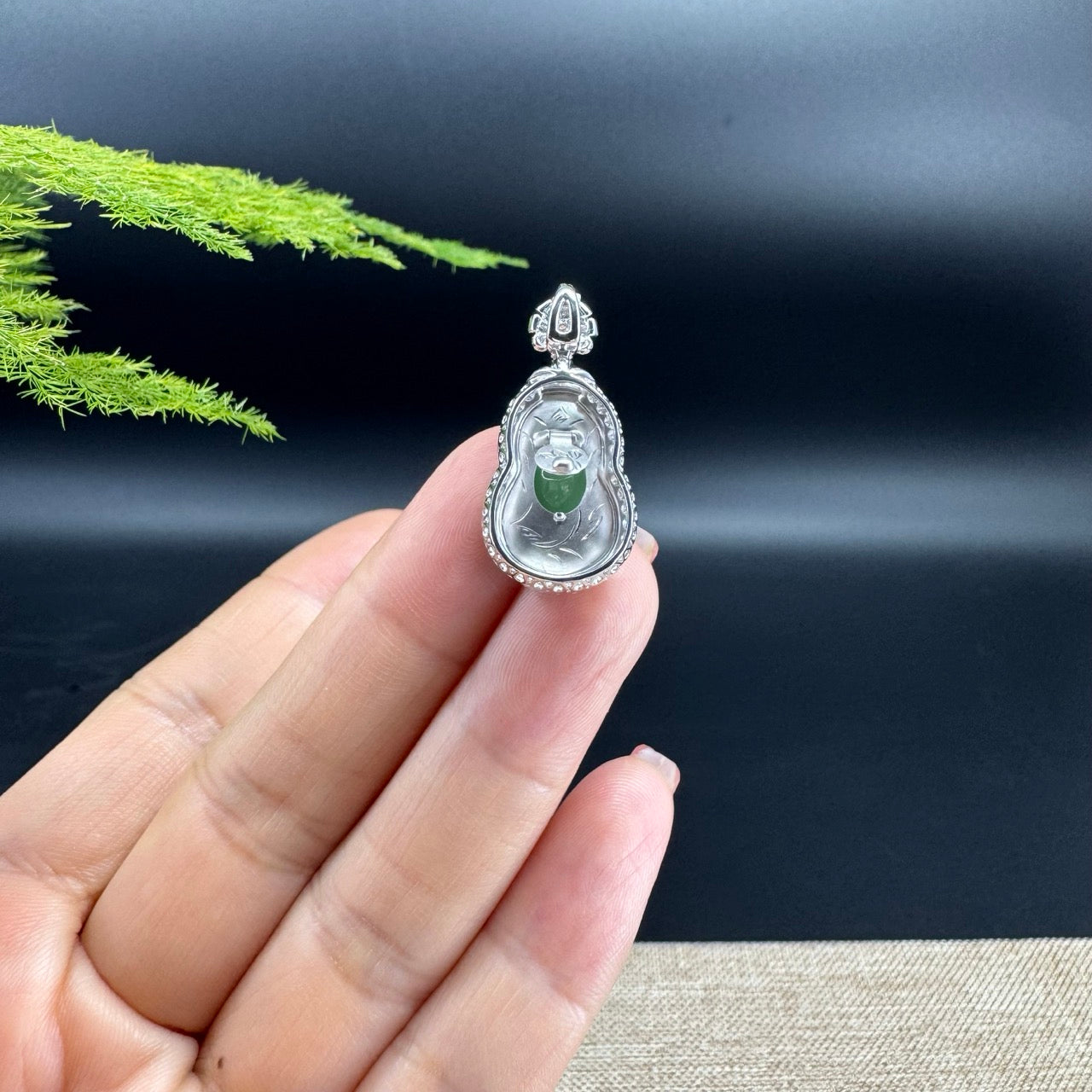 RealJade® Co. Genuine Green Jadeite Jade Good Luck Hulu Bottle Gourd Necklace With 18K White Gold Bail