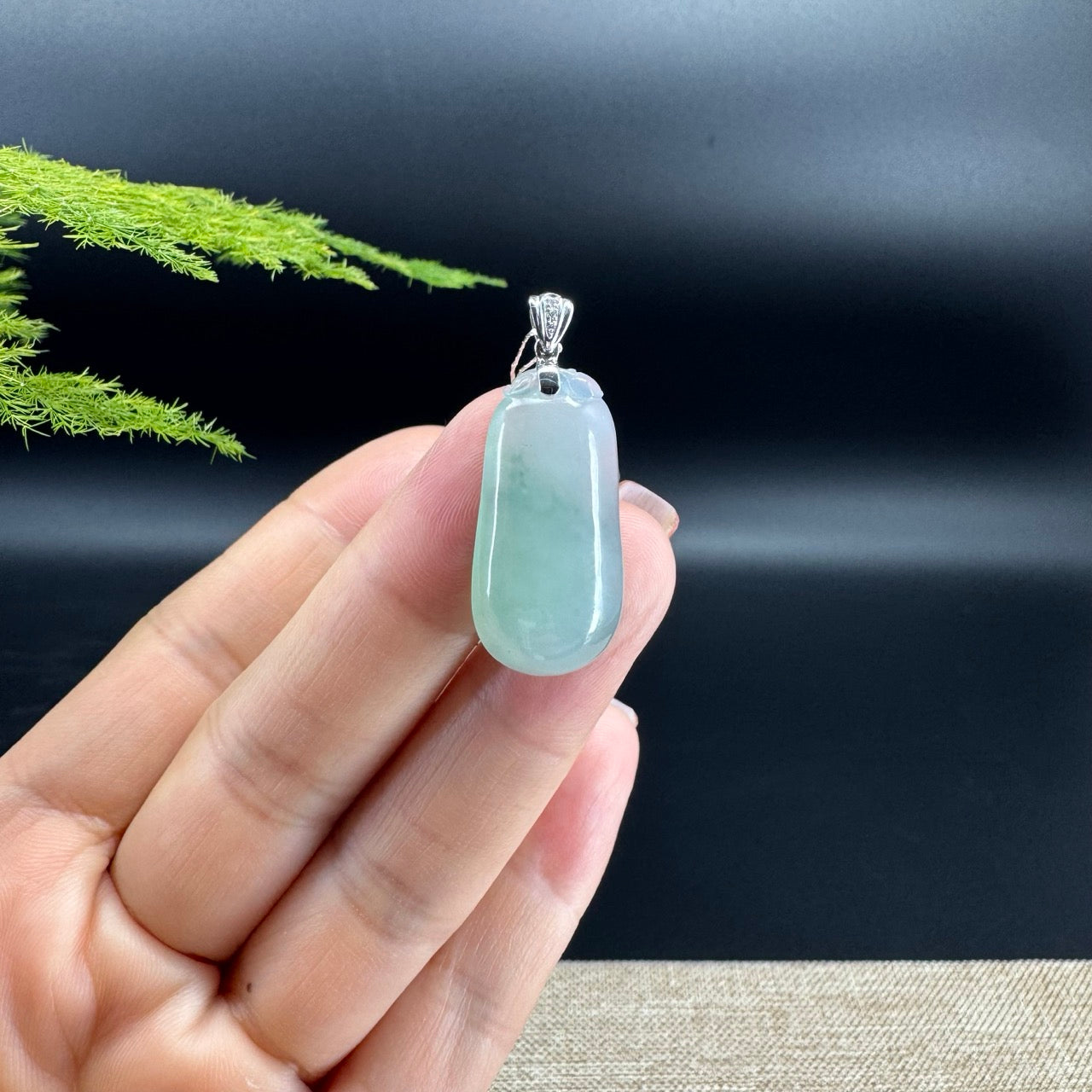 "Good Luck Button" Icy Green Jadeite Jade Shou Tao Pendant With 18K White Gold Bail