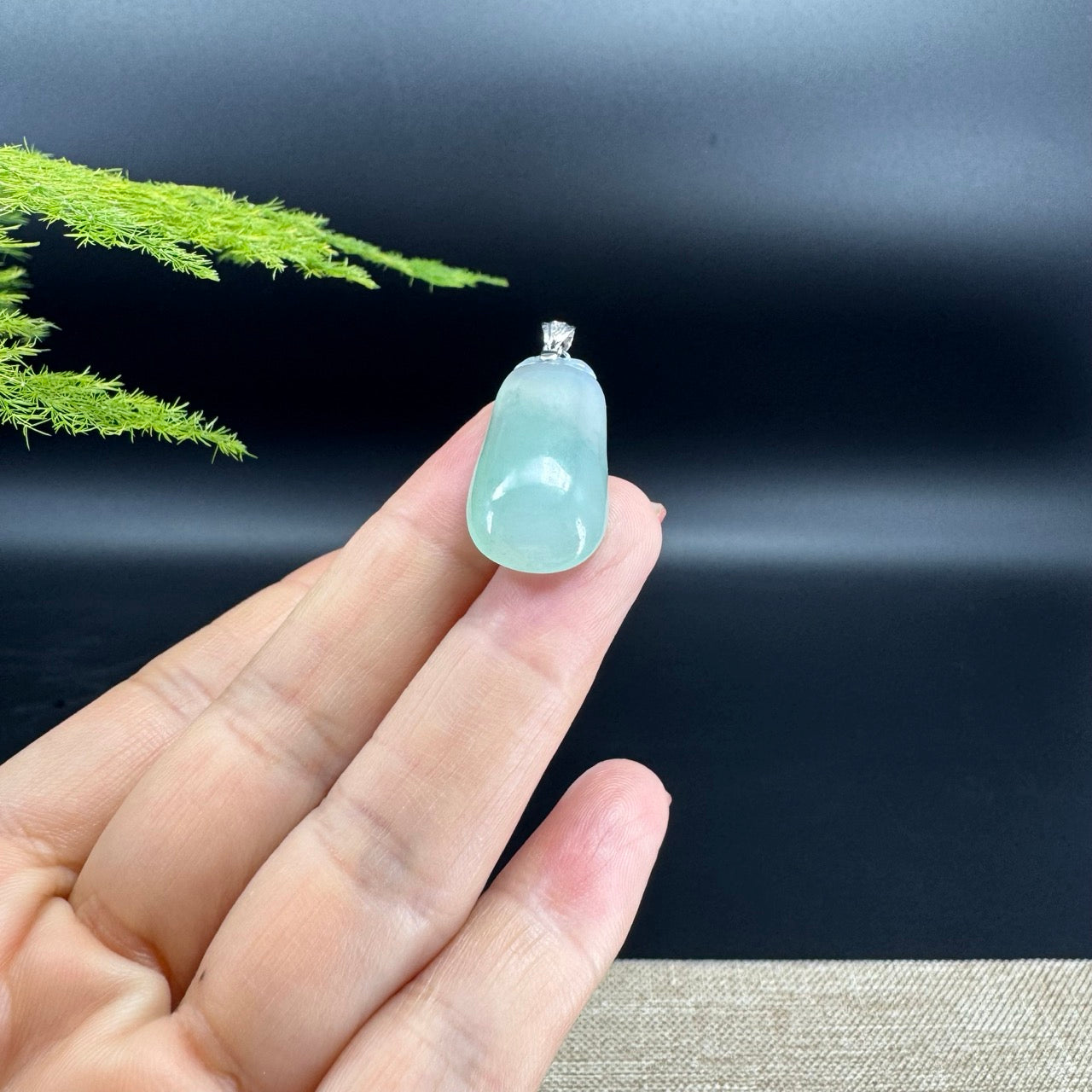 "Good Luck Button" Icy Green Jadeite Jade Shou Tao Pendant With 18K White Gold Bail