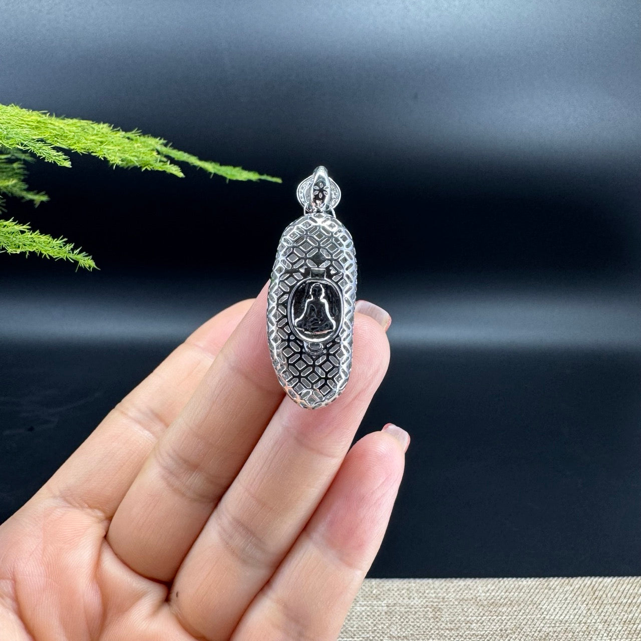 18K White Gold High end Guatemala Green Jadeite Jade Shou Tao Pendant with Diamond