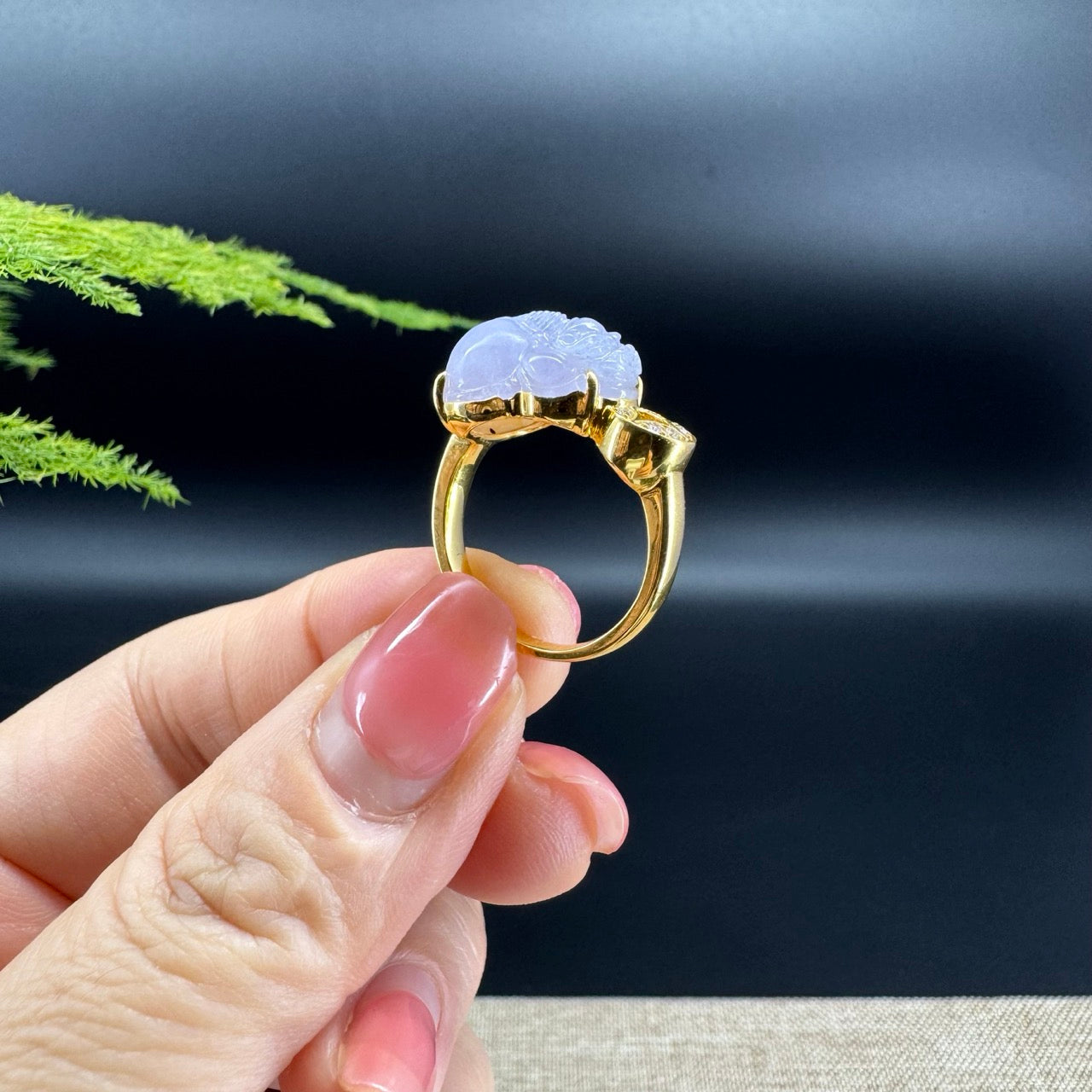 RealJade® 18K Yellow Gold Lavender Jadeite Jade Diamonds PiXiu Ring