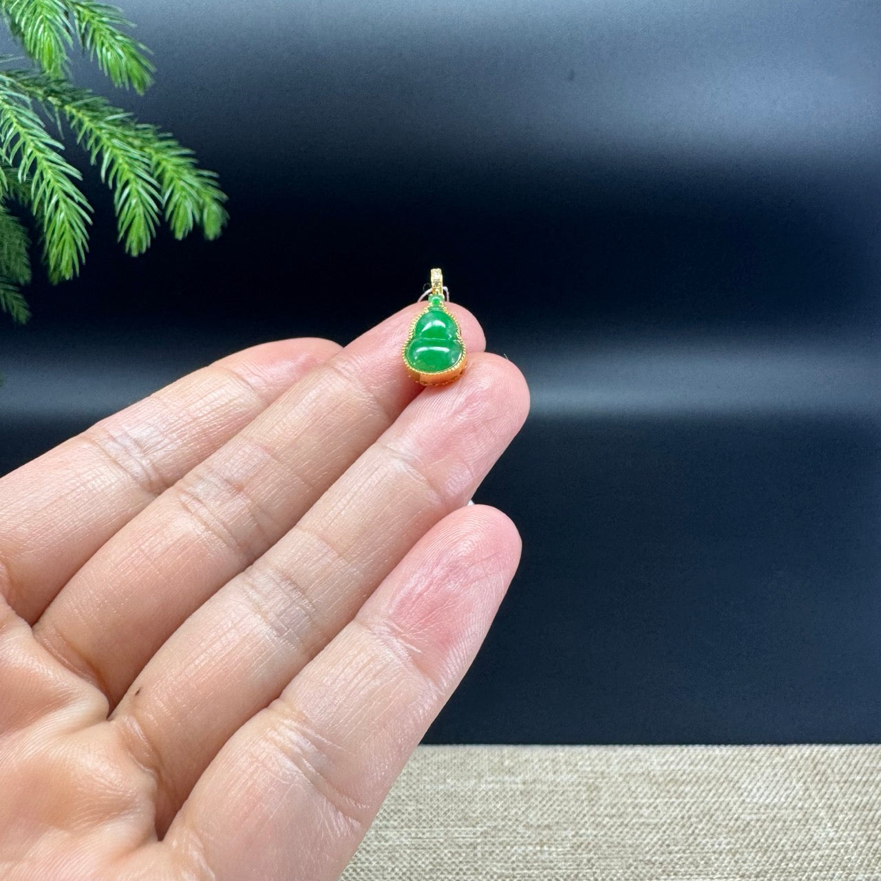 Genuine Green Jadeite Jade Mini Hulu Necklace With 18K Yellow Gold Diamonds Bail