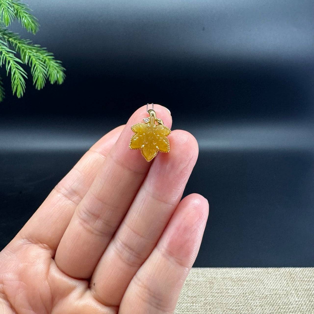 RealJade® "Maple Leaf" 18K Yellow Gold Honey Yellow Jadeite Jade Pendant