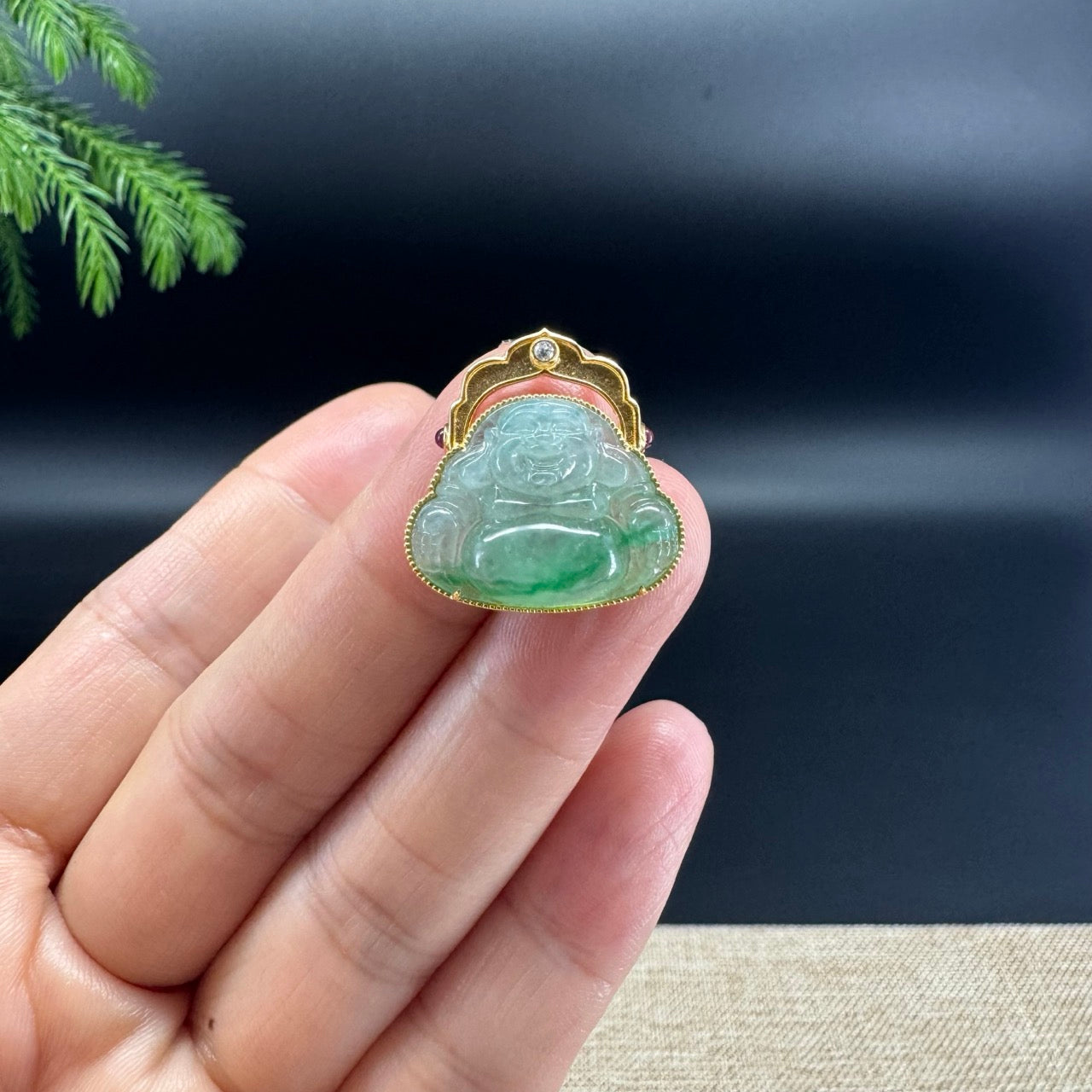 18K Yellow Gold Burmese Icy Green Jadeite Jade Happy Buddha Pendant