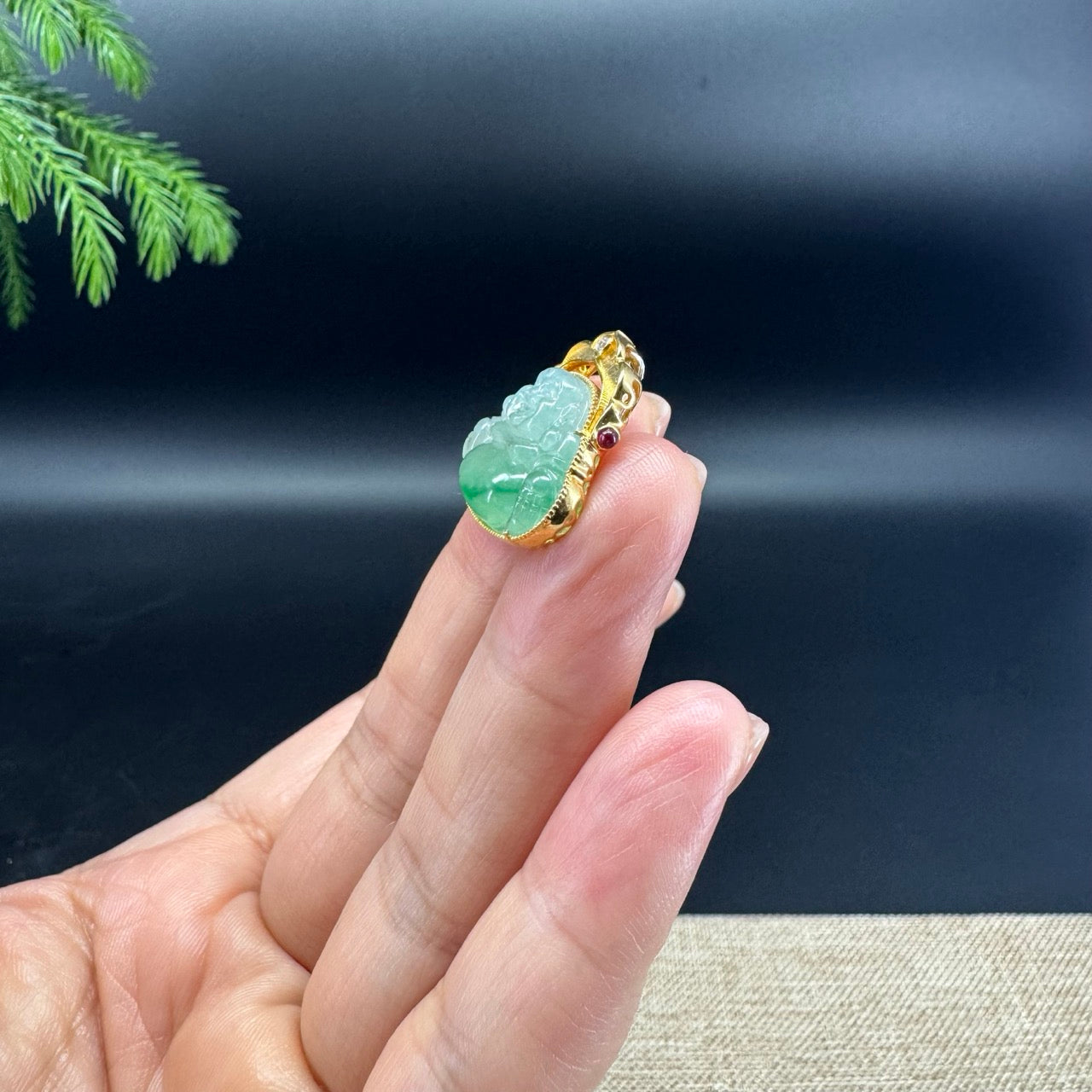 18K Yellow Gold Burmese Icy Green Jadeite Jade Happy Buddha Pendant