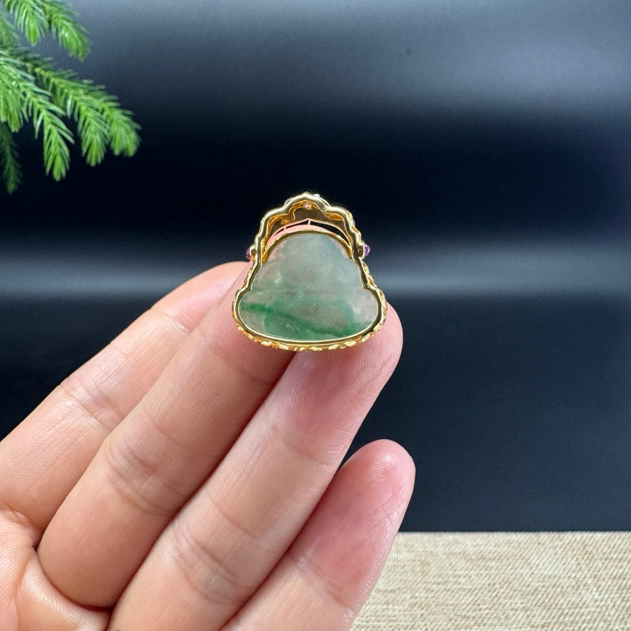 18K Yellow Gold Burmese Icy Green Jadeite Jade Happy Buddha Pendant