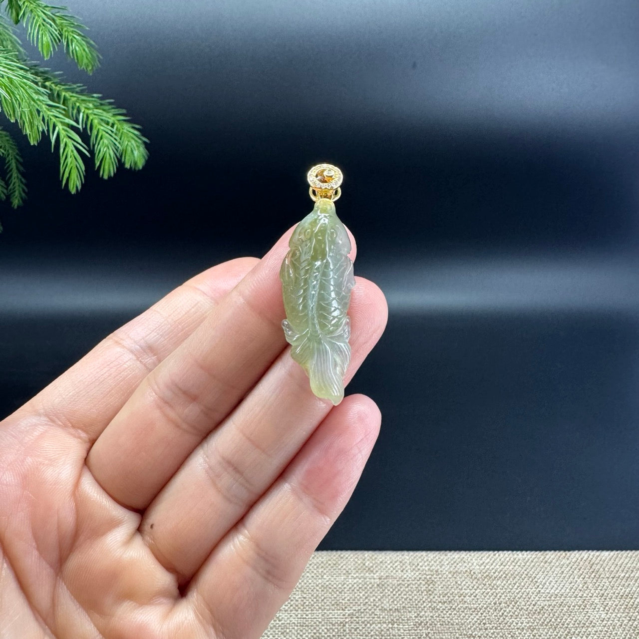 RealJade® Co. 18K Yellow Gold Genuine Yellow Green Jadeite Jade Koi Fish Necklace