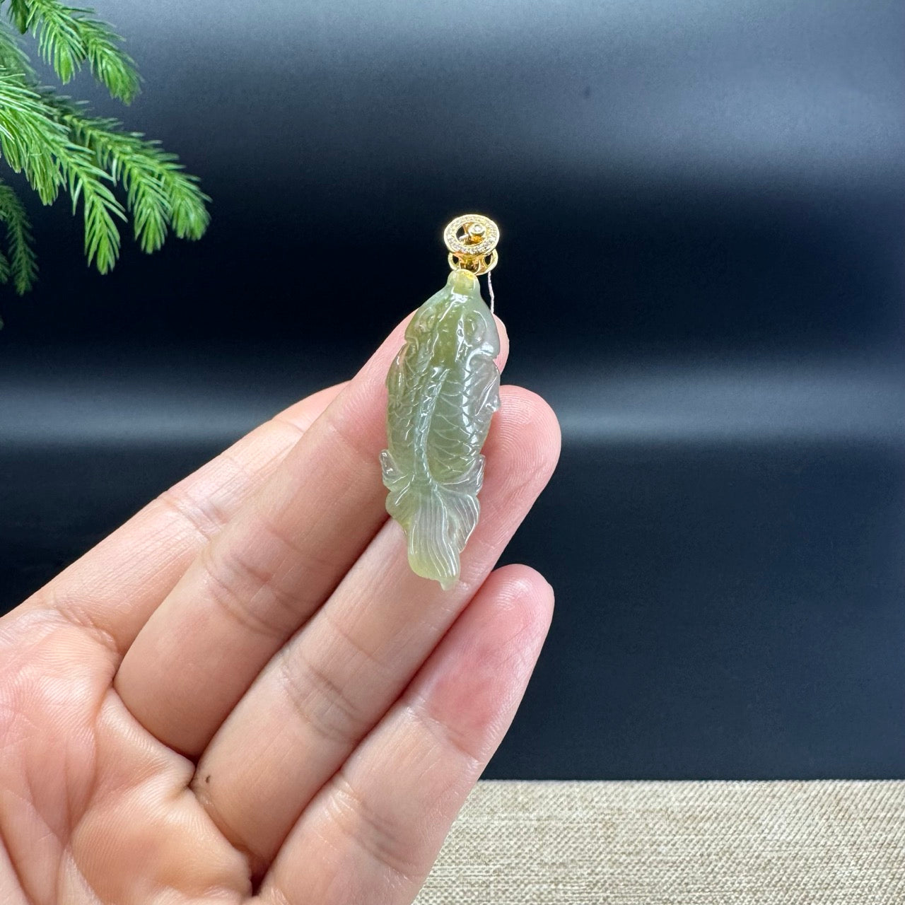 RealJade® Co. 18K Yellow Gold Genuine Yellow Green Jadeite Jade Koi Fish Necklace