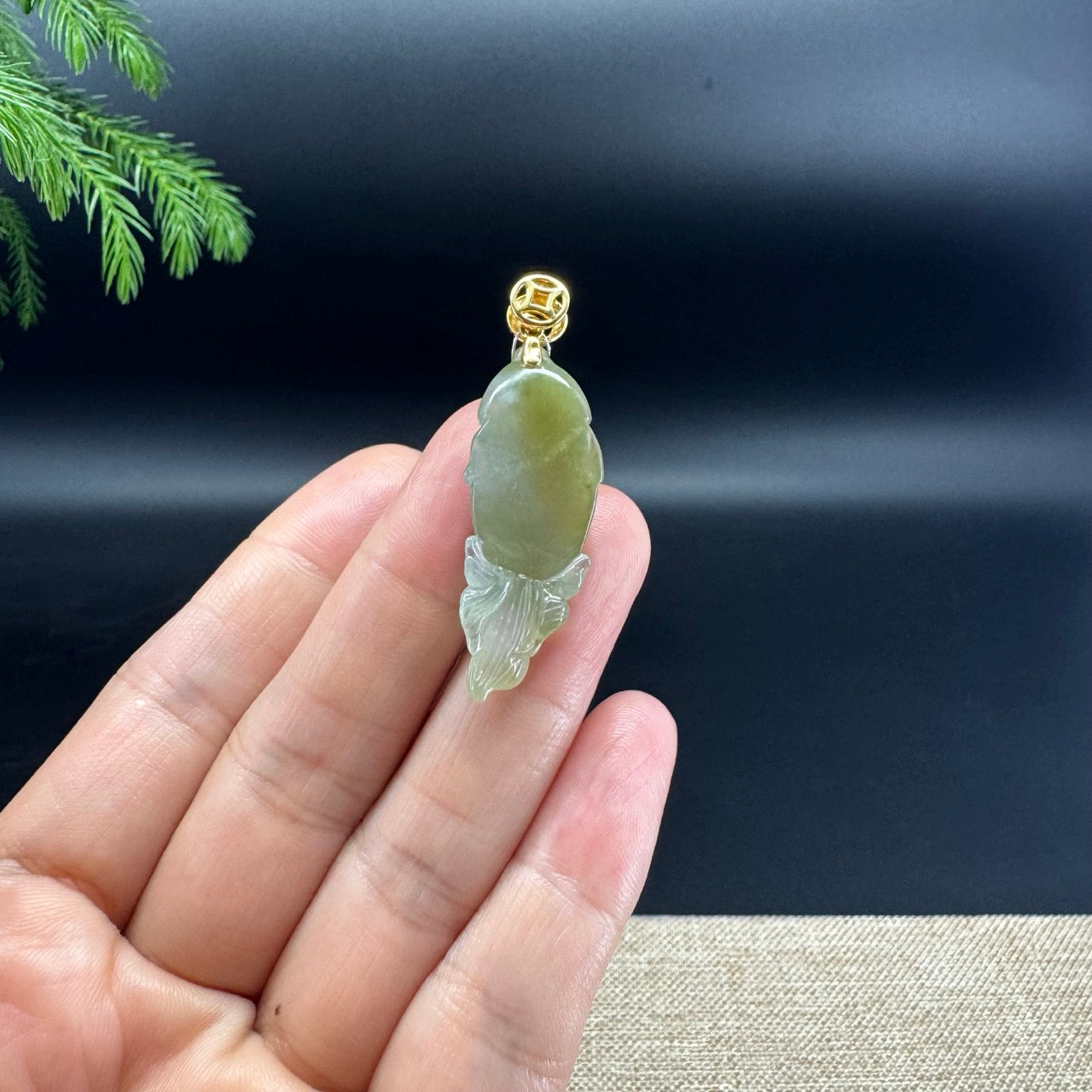 RealJade® Co. 18K Yellow Gold Genuine Yellow Green Jadeite Jade Koi Fish Necklace