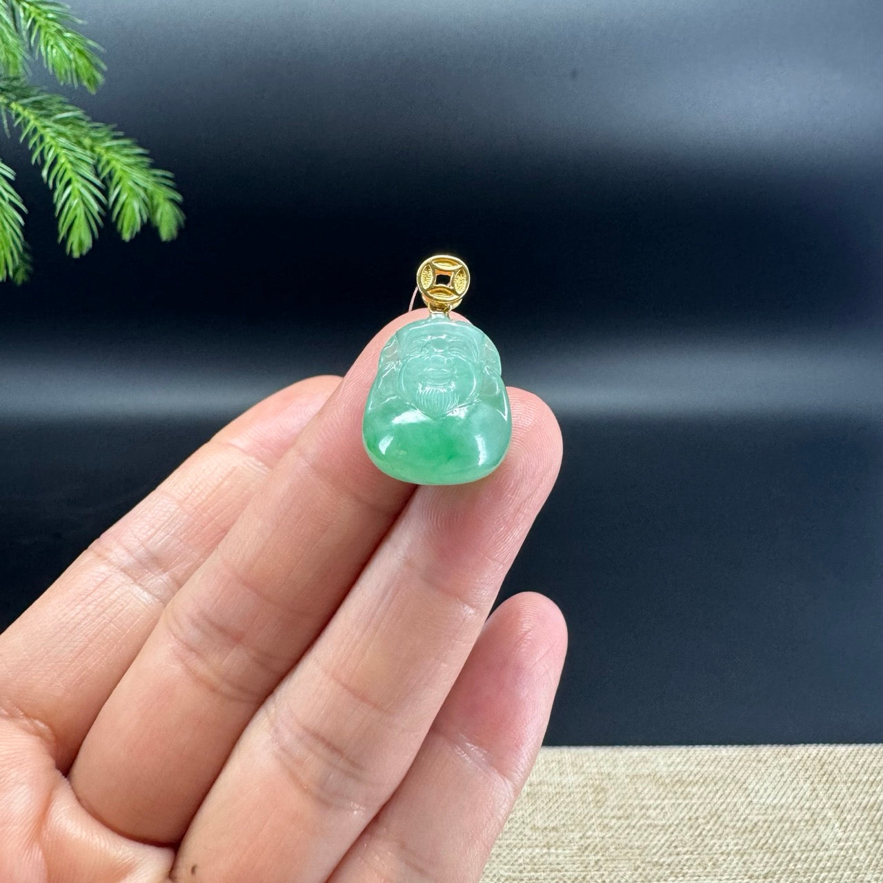 18K Yellow Gold Burmese Bright Green Jadeite Jade Mini Money Saint Pendant