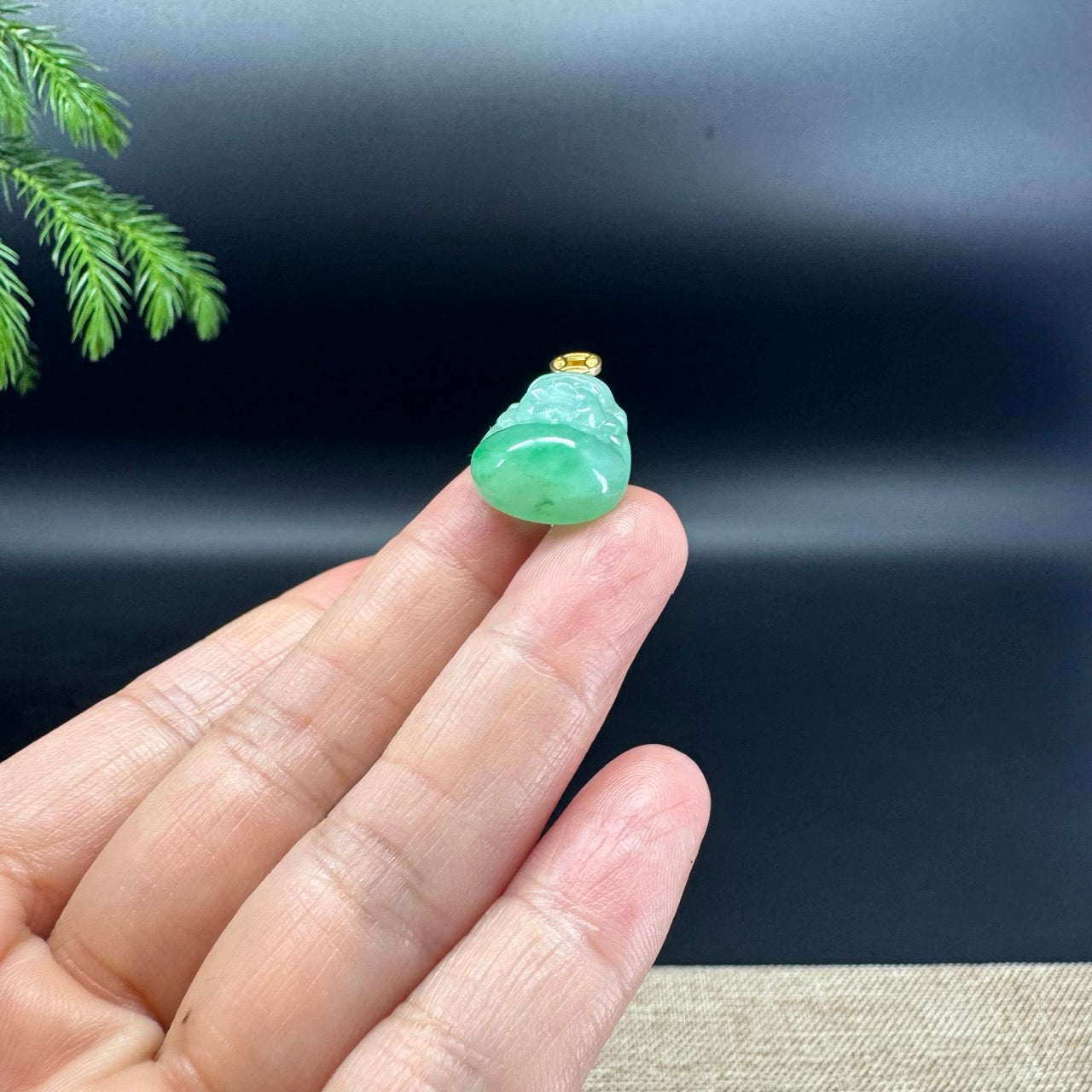 18K Yellow Gold Burmese Bright Green Jadeite Jade Mini Money Saint Pendant