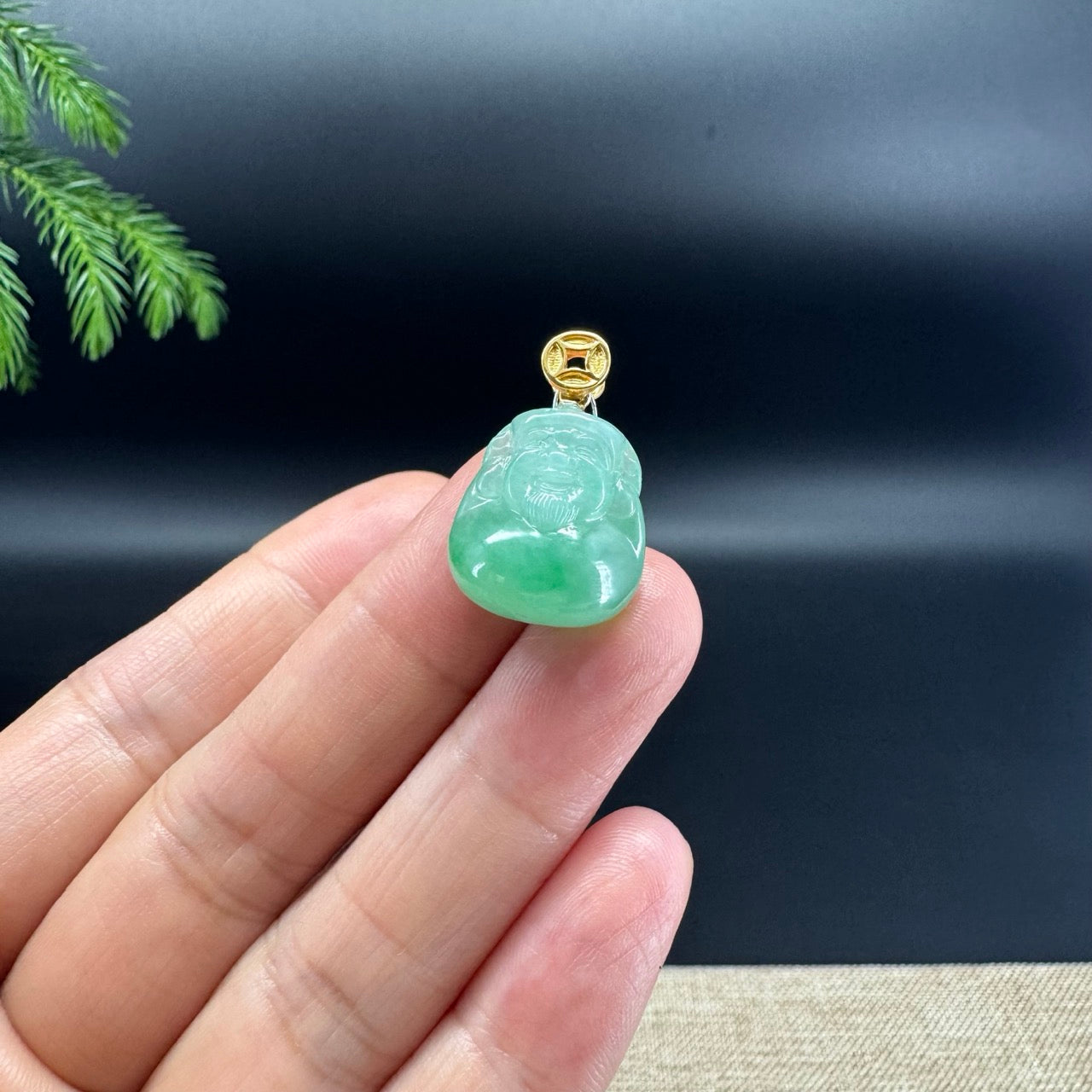 18K Yellow Gold Burmese Bright Green Jadeite Jade Mini Money Saint Pendant