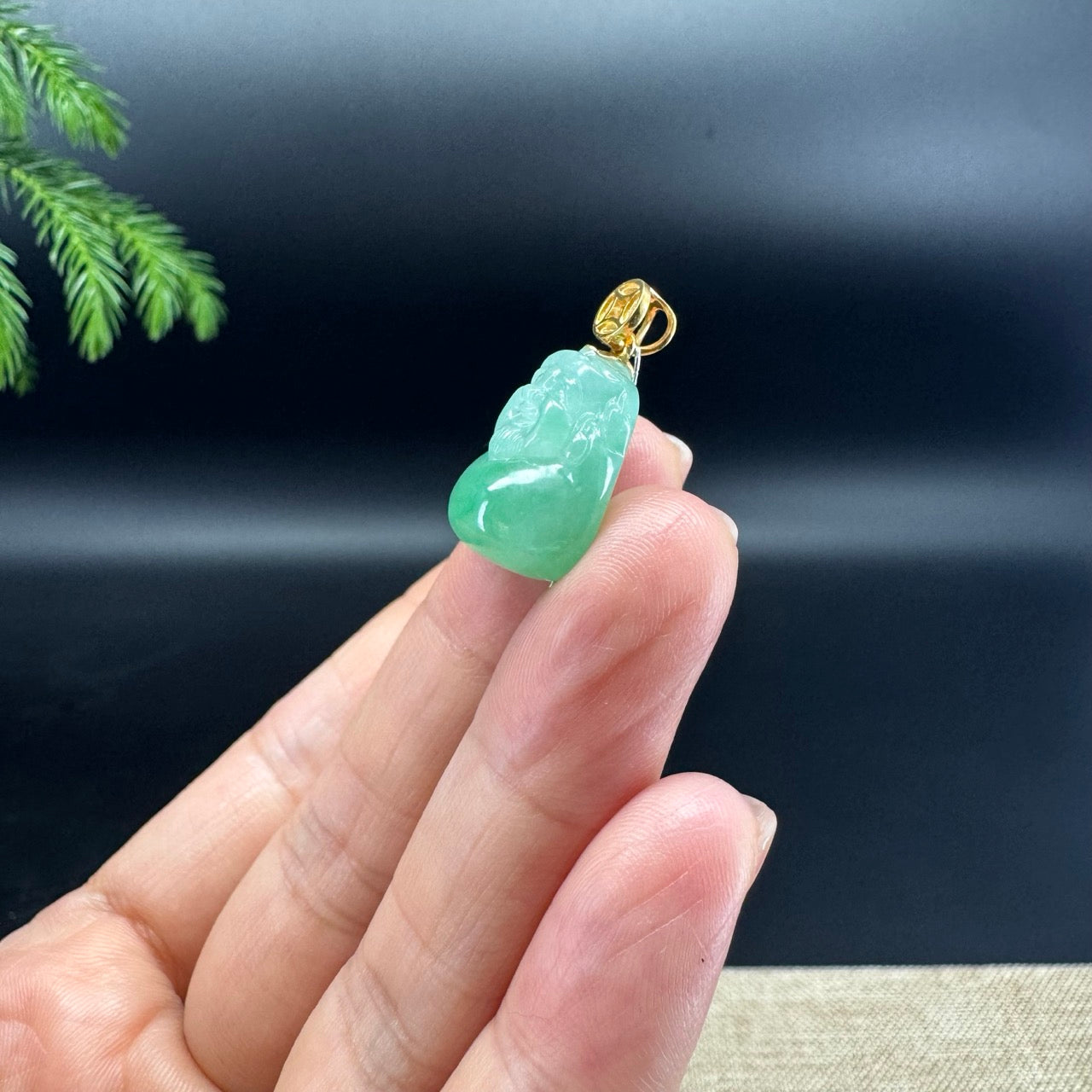 18K Yellow Gold Burmese Bright Green Jadeite Jade Mini Money Saint Pendant