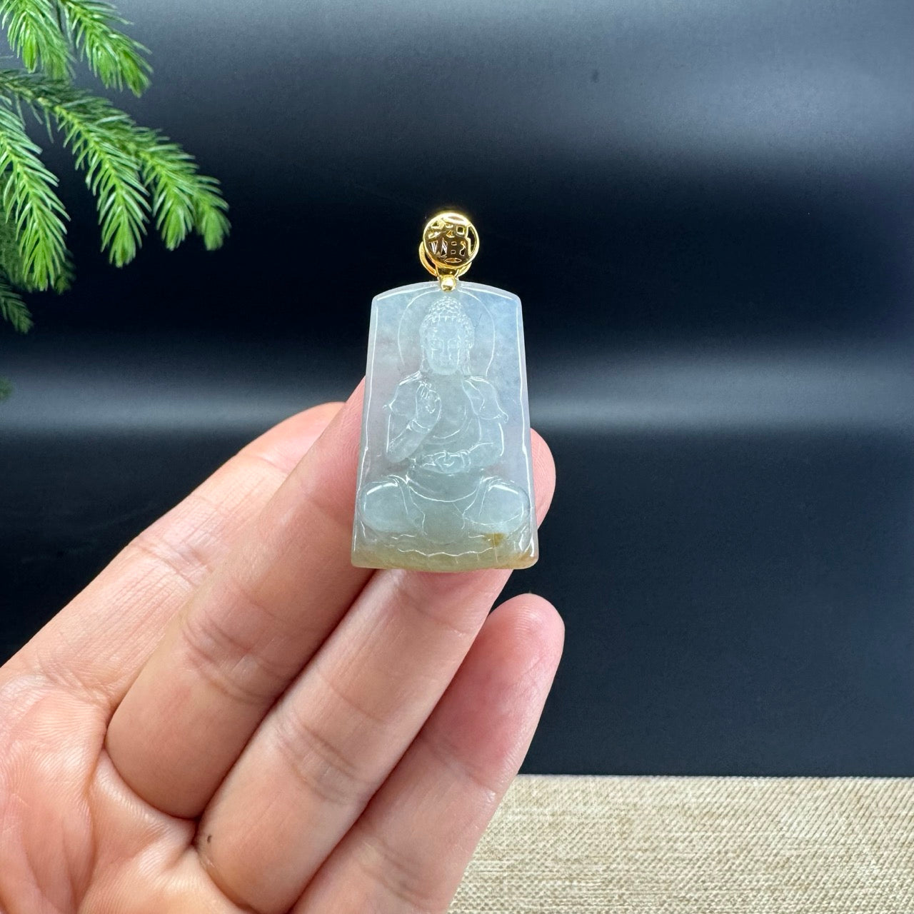 18K Yellow Gold Burmese Light Green Yellow Jadeite Jade Buddha Pendant