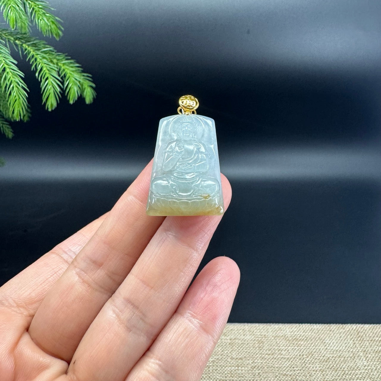 18K Yellow Gold Burmese Light Green Yellow Jadeite Jade Buddha Pendant