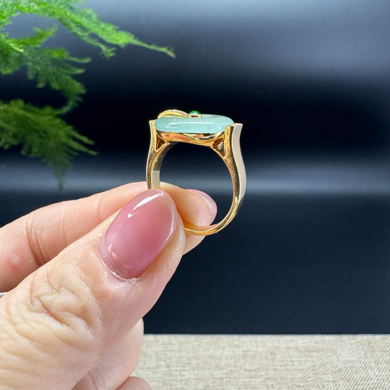 RealJade® 18K Yellow Gold Icy Green Jadeite Jade lucky koukou Ring With Diamonds