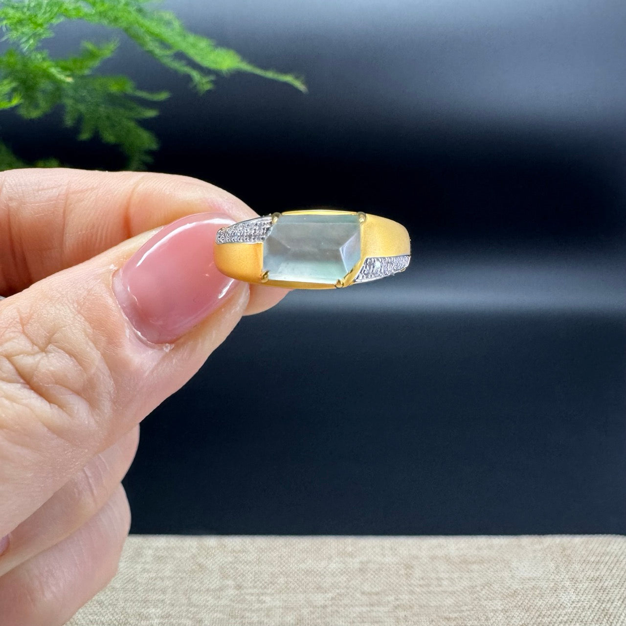 RealJade® 18K Yellow Gold Icy Polygon Jadeite Jade Ring With Diamonds