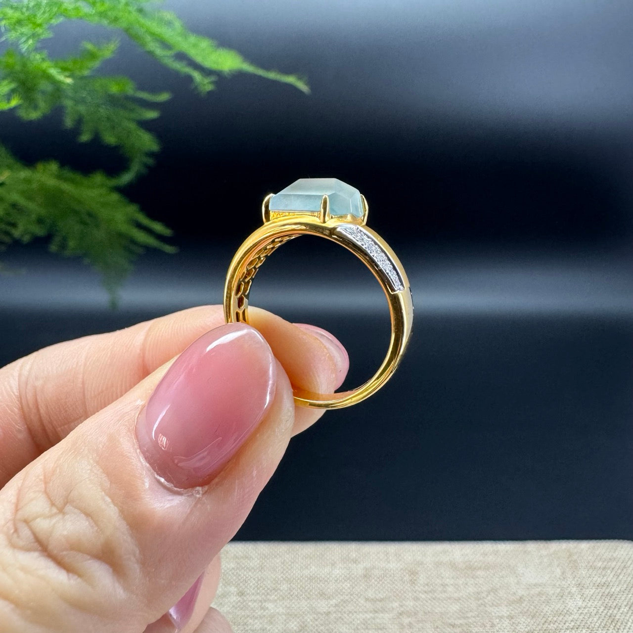 RealJade® 18K Yellow Gold Icy Polygon Jadeite Jade Ring With Diamonds