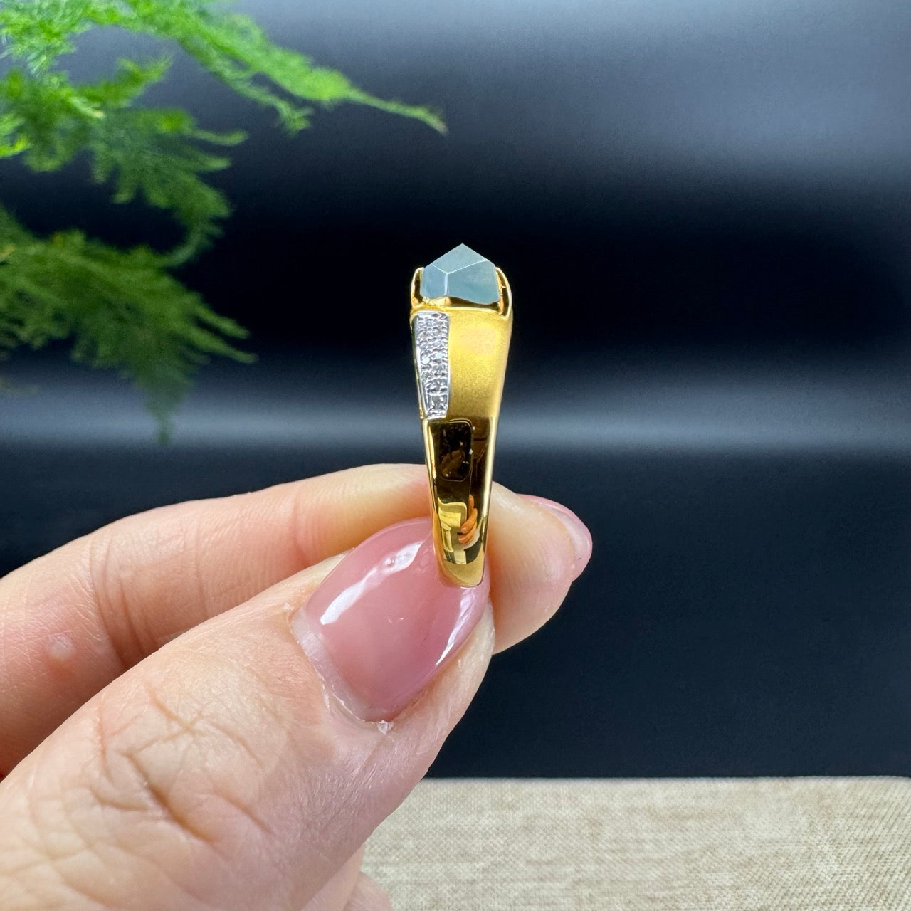 RealJade® 18K Yellow Gold Icy Polygon Jadeite Jade Ring With Diamonds