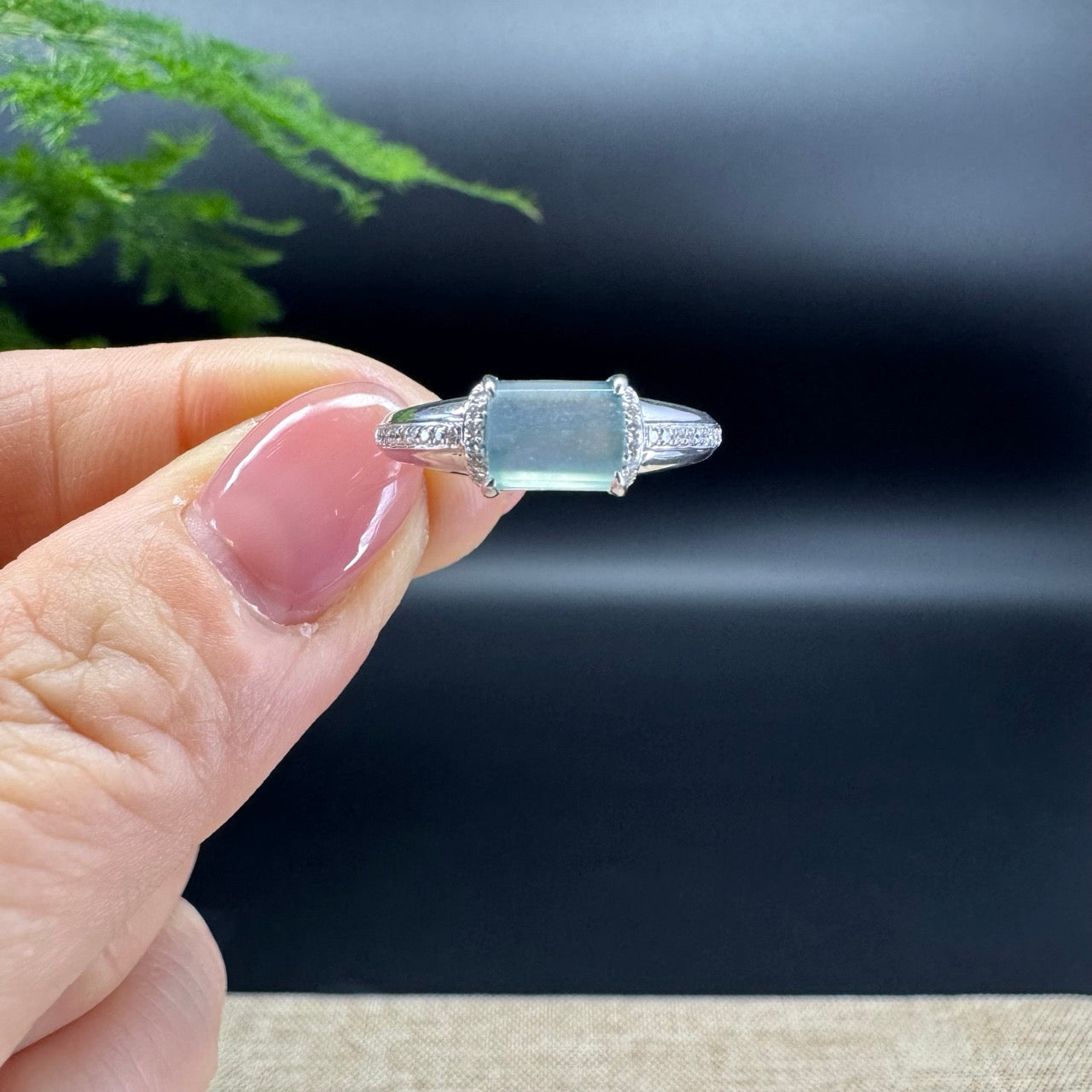 RealJade® 18K White Gold Icy Jadeite Jade Diamonds Classic Ring