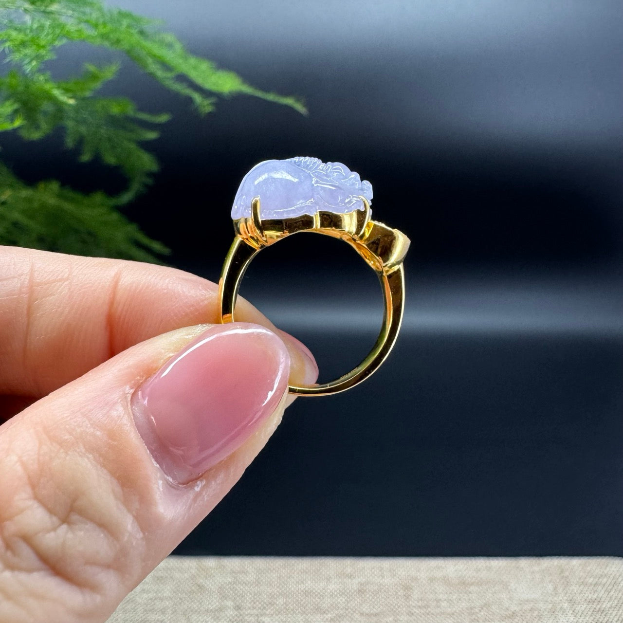 RealJade® 18K Yellow Gold Lavender Jadeite Jade Diamonds PiXiu Ring