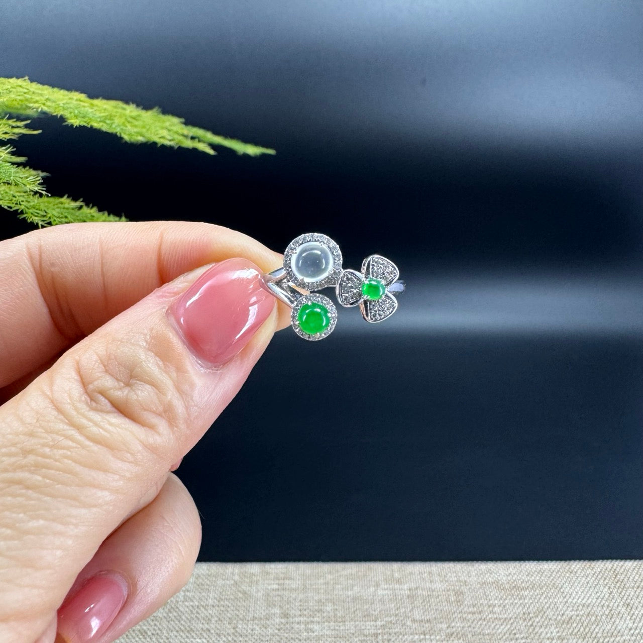 RealJade® 18k White Gold Natural Ice green & Imperial Cherry and Clover Jadeite Engagement Ring With Diamonds