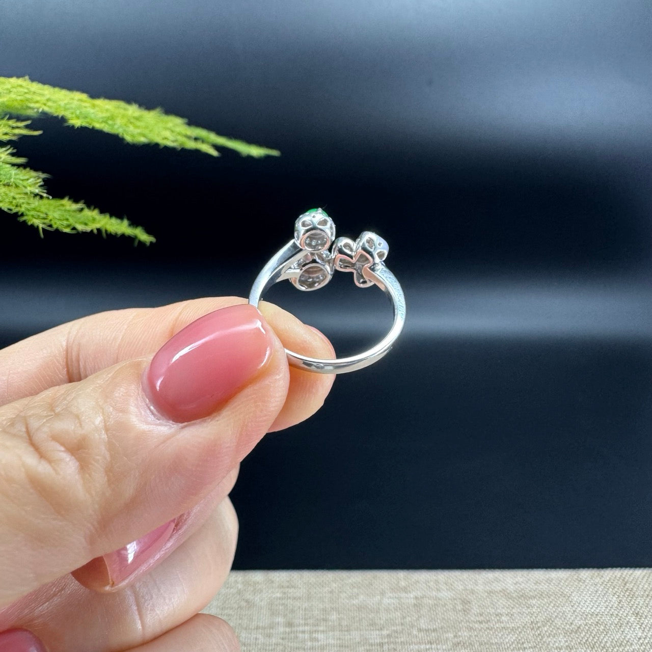 RealJade® 18k White Gold Natural Ice green & Imperial Cherry and Clover Jadeite Engagement Ring With Diamonds