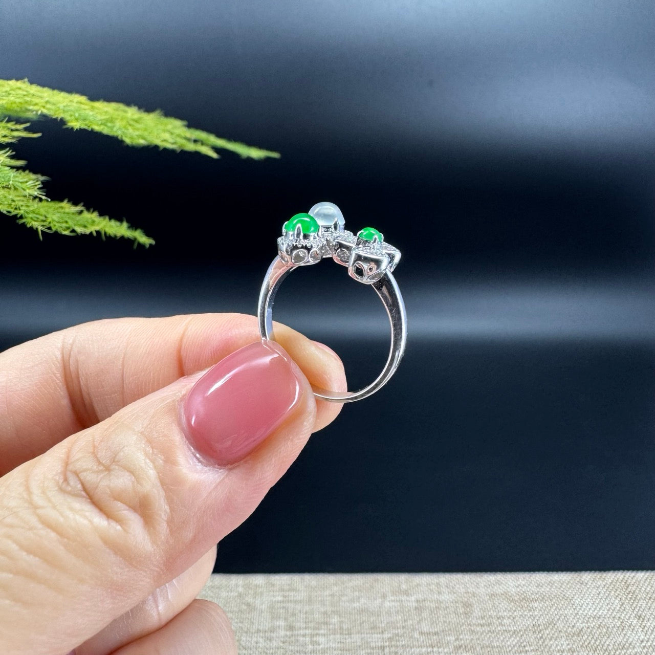 RealJade® 18k White Gold Natural Ice green & Imperial Cherry and Clover Jadeite Engagement Ring With Diamonds