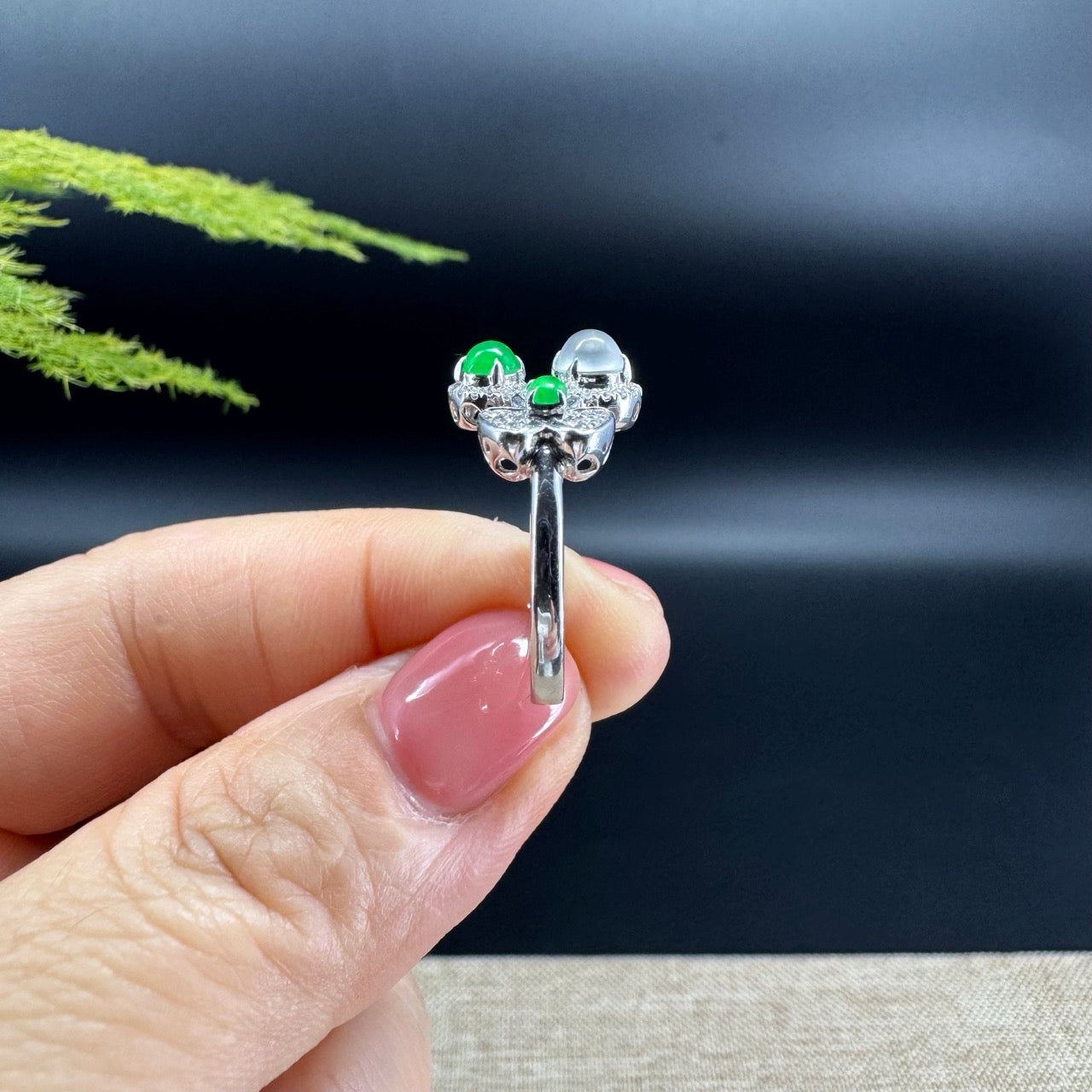 RealJade® 18k White Gold Natural Ice green & Imperial Cherry and Clover Jadeite Engagement Ring With Diamonds