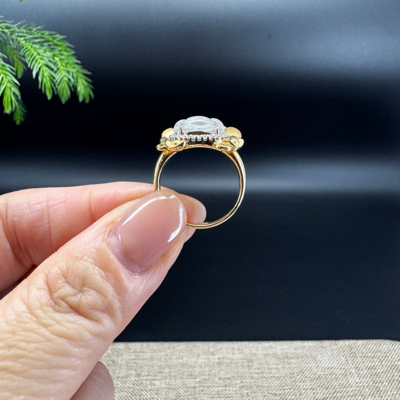 RealJade® Co. 18K Yellow Gold Icy White Jadeite Jade Crab Ring