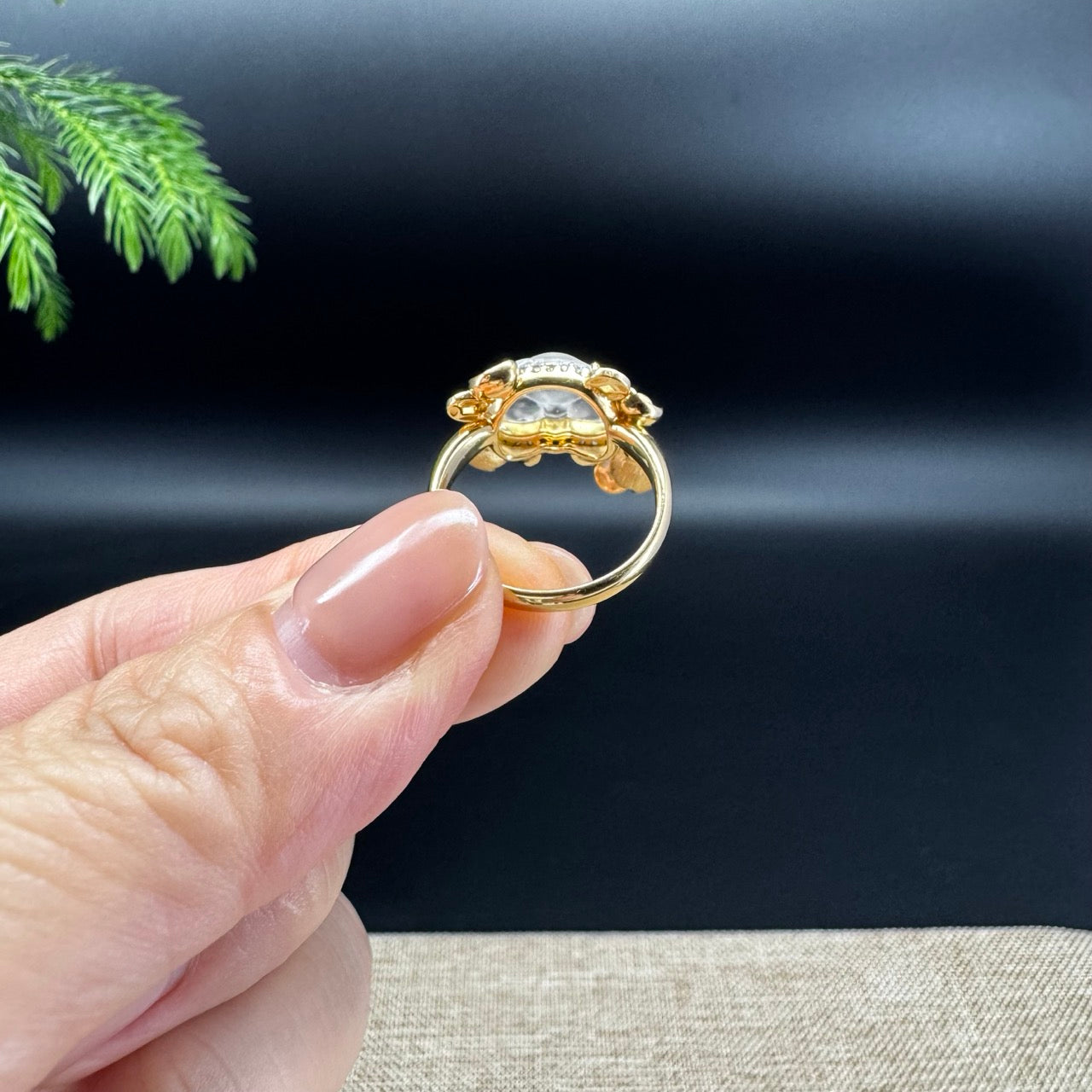 RealJade® Co. 18K Yellow Gold Icy White Jadeite Jade Crab Ring