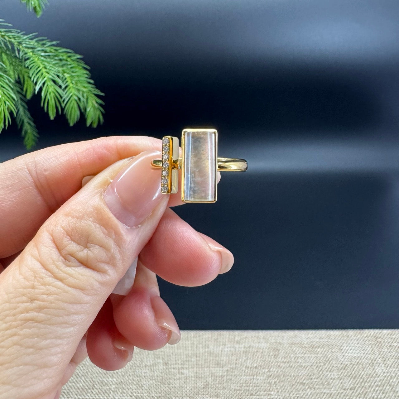 RealJade® Co. 18K Yellow Gold Icy Bamboo Jadeite Jade Diamonds Ring