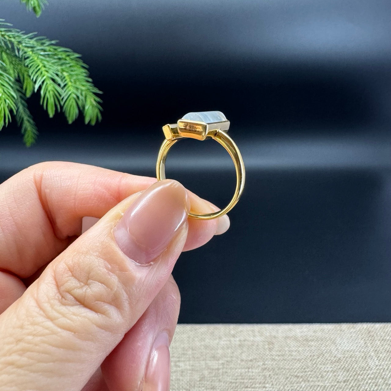 RealJade® Co. 18K Yellow Gold Icy Bamboo Jadeite Jade Diamonds Ring