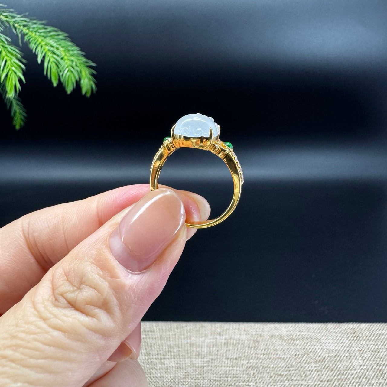 RealJade® 18K Yellow Gold Icy Moonlight Jadeite Jade PiXiu Ring With Diamonds