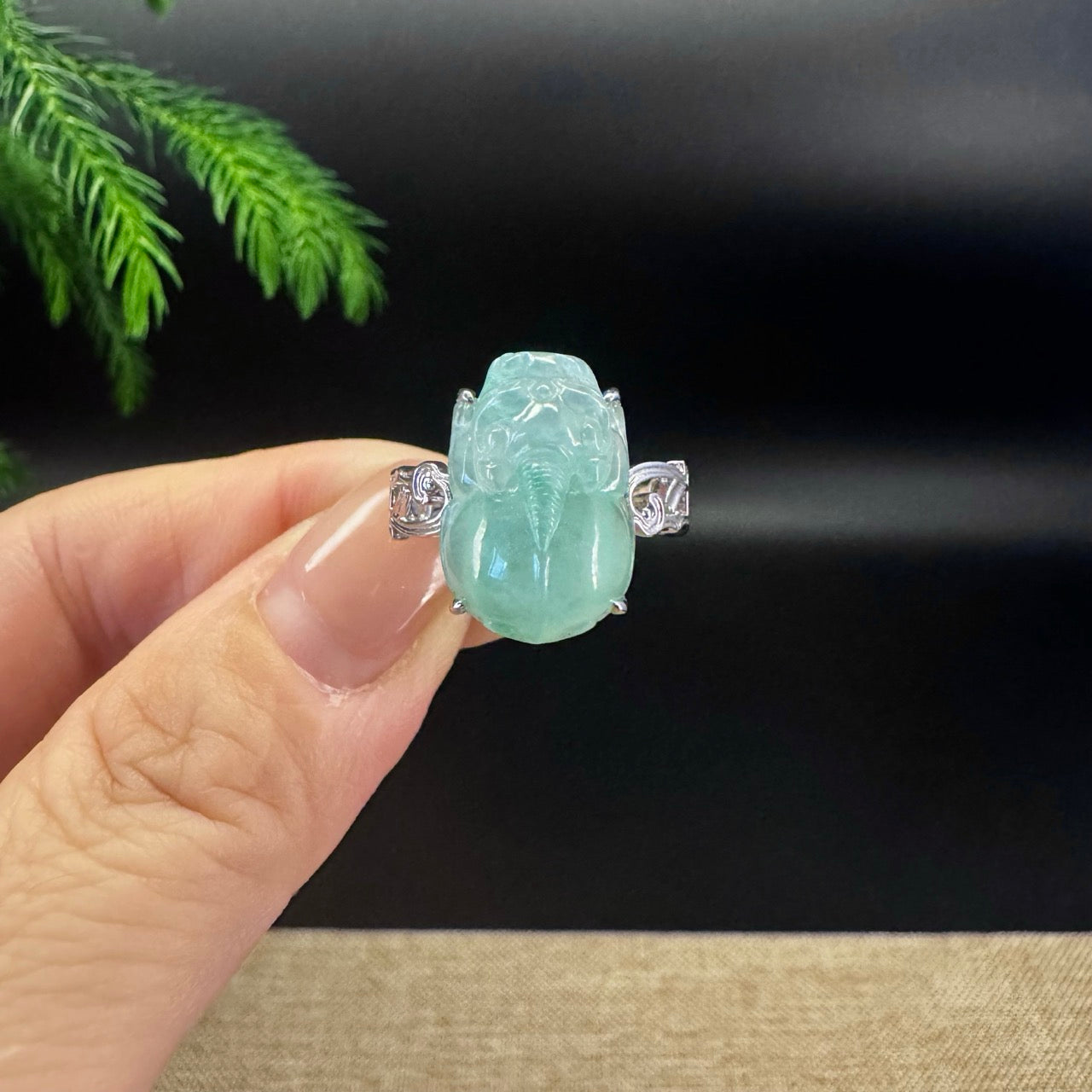 RealJade® 18K White Gold Light Green Jadeite Jade PiXiu Ring