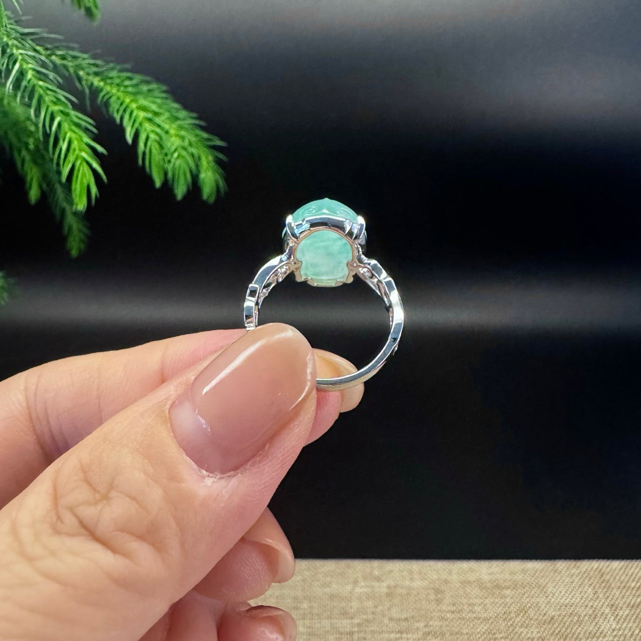 RealJade® 18K White Gold Light Green Jadeite Jade PiXiu Ring