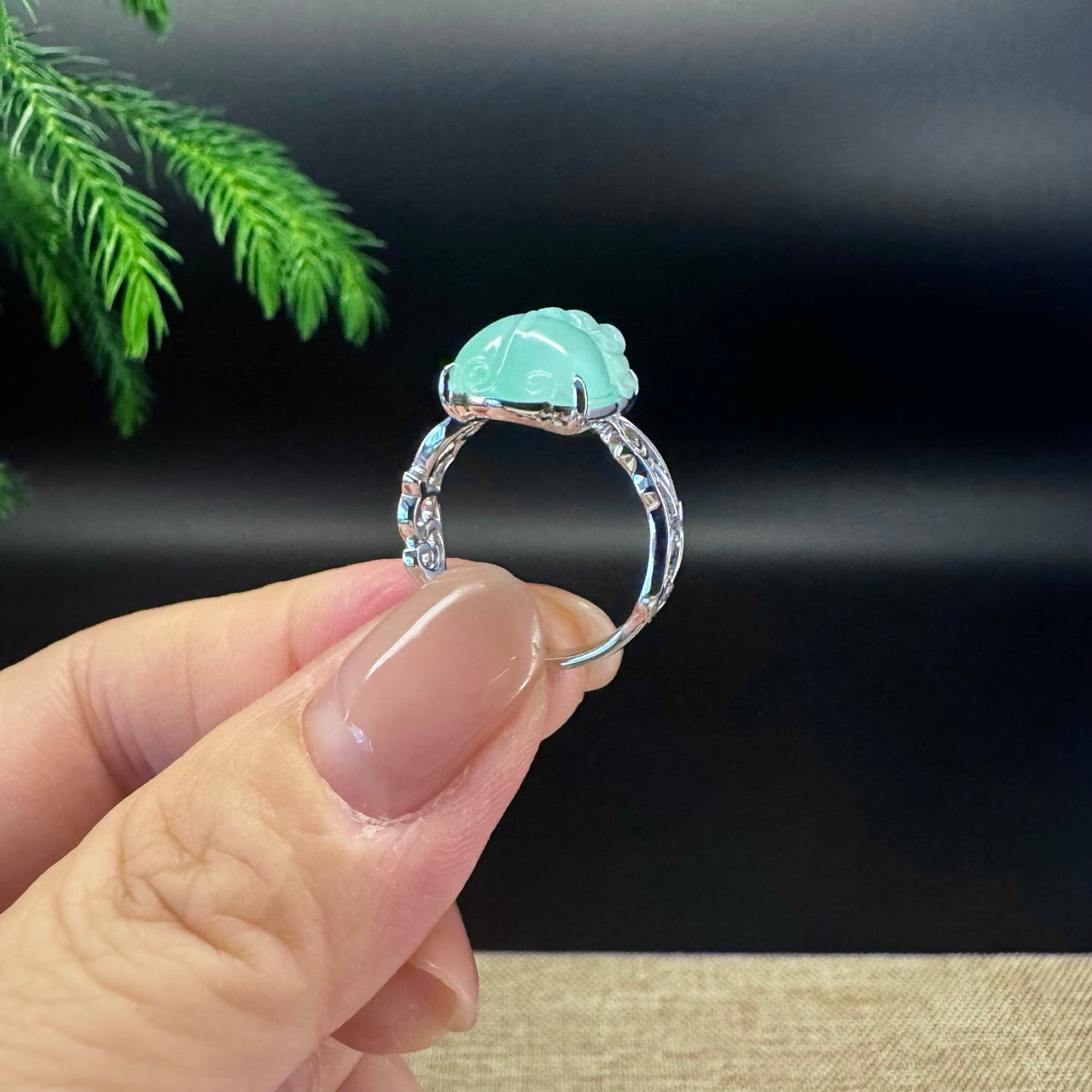 RealJade® 18K White Gold Light Green Jadeite Jade PiXiu Ring
