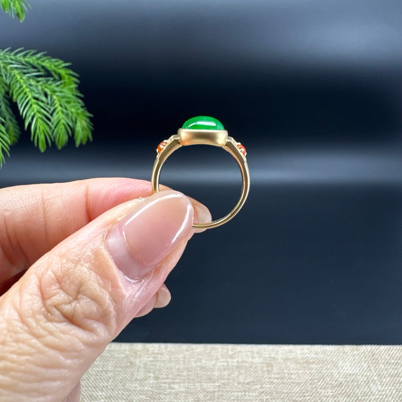 RealJade®Co.18k Yellow Gold Natural Green Jadeite Mini Hulu Ring